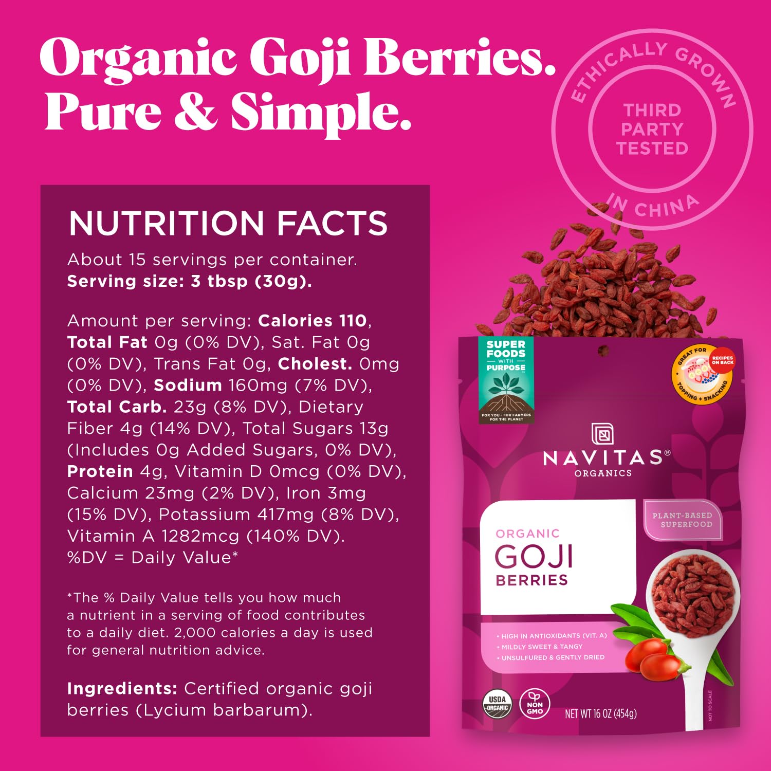 Navitas Organics Goji Berries – For Smoothies, Trail Mix, Baked Goods, Oatmeal & More – Vitamin A, Antioxidants, Fiber – Wolfberry - USDA Organic, Non GMO, Gluten Free, Vegan (16oz. Bag, 15 Servings) - Image 2