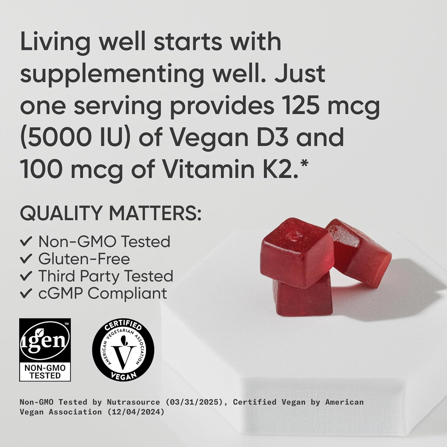 Sports Research® Vegan Vitamin D3 + K2 Gummy Supplements - 5000iu Vitamin D with 100mcg Mk7 Vitamin K - Supports Bone& Immune Health* - 60 Gummies for Adults, for Women, 1 Month Supply - Image 4