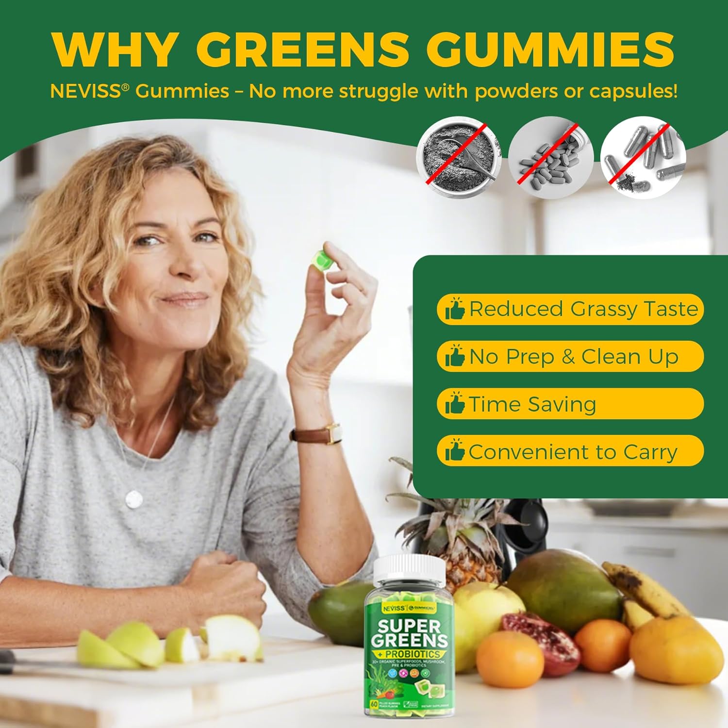 Organic Super Greens Daily Gummies + Probiotics, Spirulina, Chlorella, Spinach, Broccoli, Fiber, Fruits Veggies, Mushroom - Greens Powder Superfood Alternative, Natural Energy, Sugar Free Vegan, 60Cts - Image 7