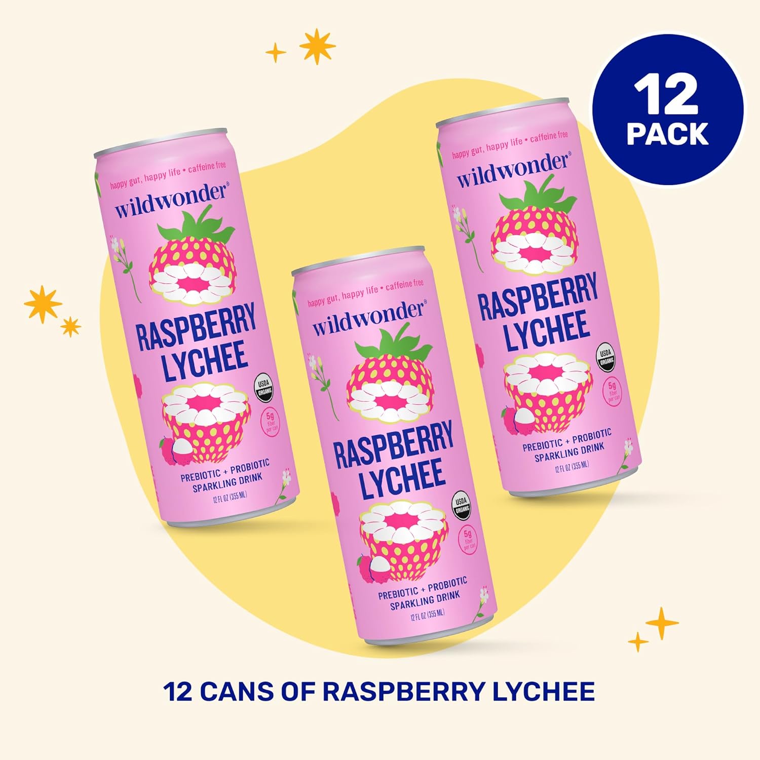 NEW! wildwonder Sparkling Probiotic Drink 12pk, For Gut Health & Immune Support, Raspberry Lychee, 5g Prebiotic Fiber, Live Probiotics, Organic, Vegan, Low Sugar, 12 Pack, 12oz Can, Seen on Shark Tank - Image 4