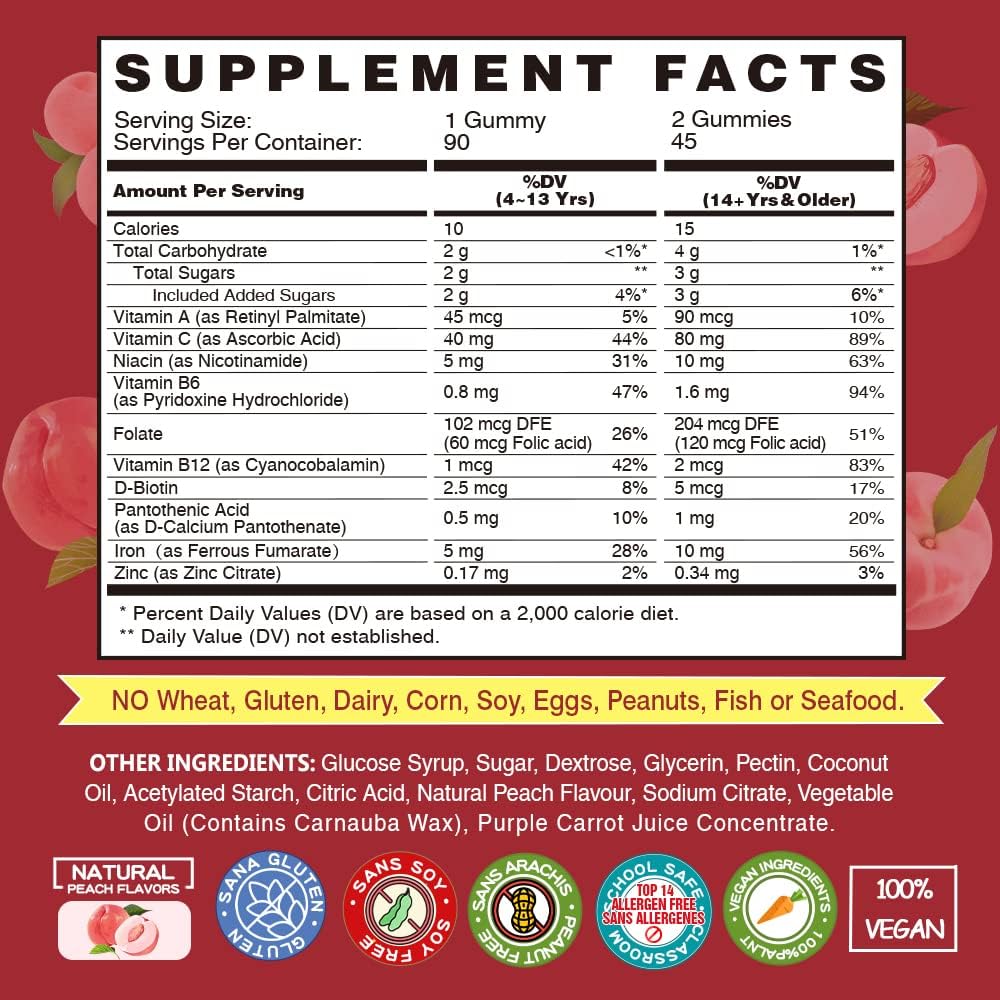Vegan Iron Gummies Supplement - with Vitamin C, A, B-Complex, Folate, Zinc for Adults & Kids - Health Blood & Energy Support for Iron Deficiency, Anemia, No After Taste - Peach Flavor (90 Ct) - Image 2