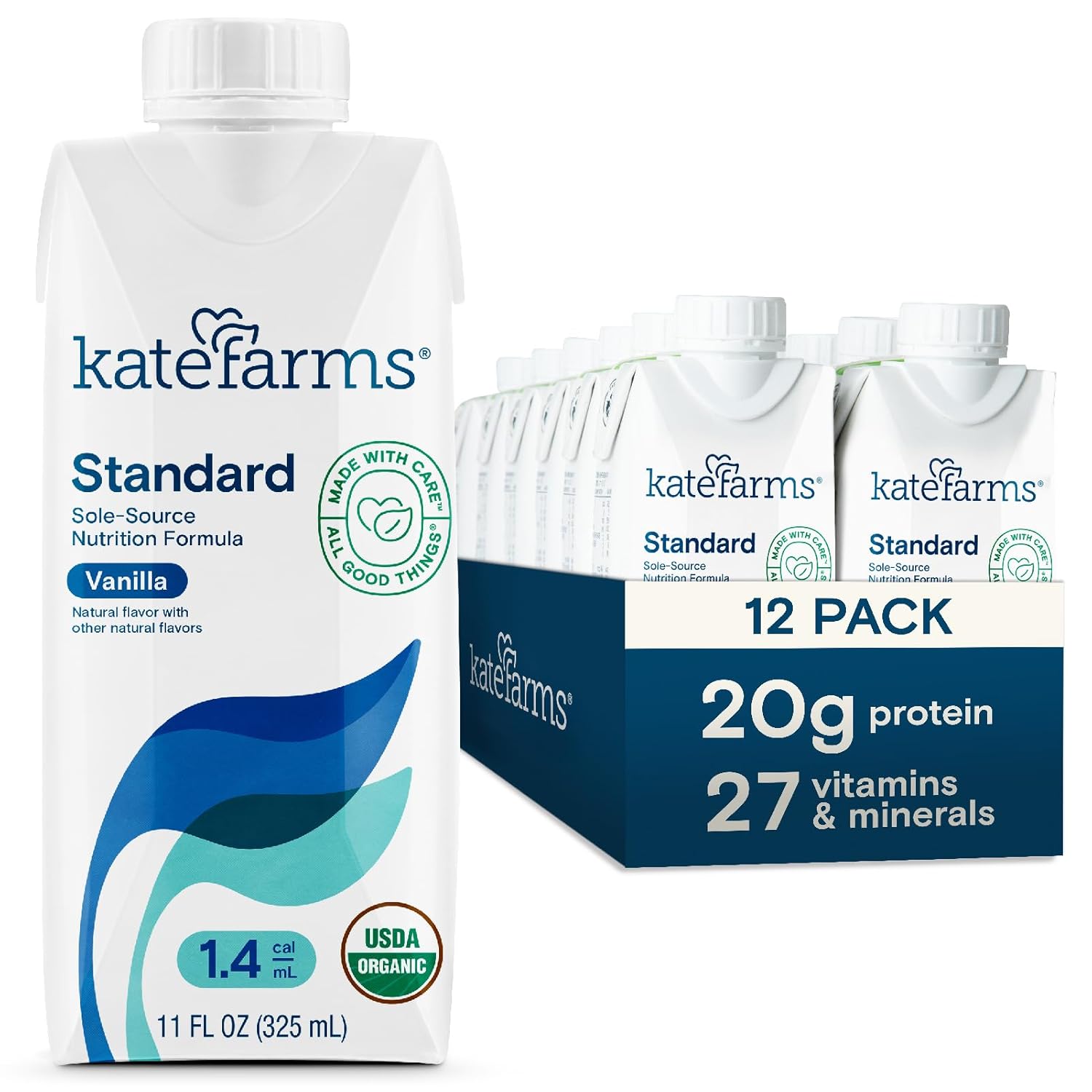 KATE FARMS Organic 1.4 High Calorie Nutrition Shake, Vanilla, 20g Protein, 27 Vitamins and Minerals, Meal Replacement, Protein Shake, 11 oz (12 Pack)