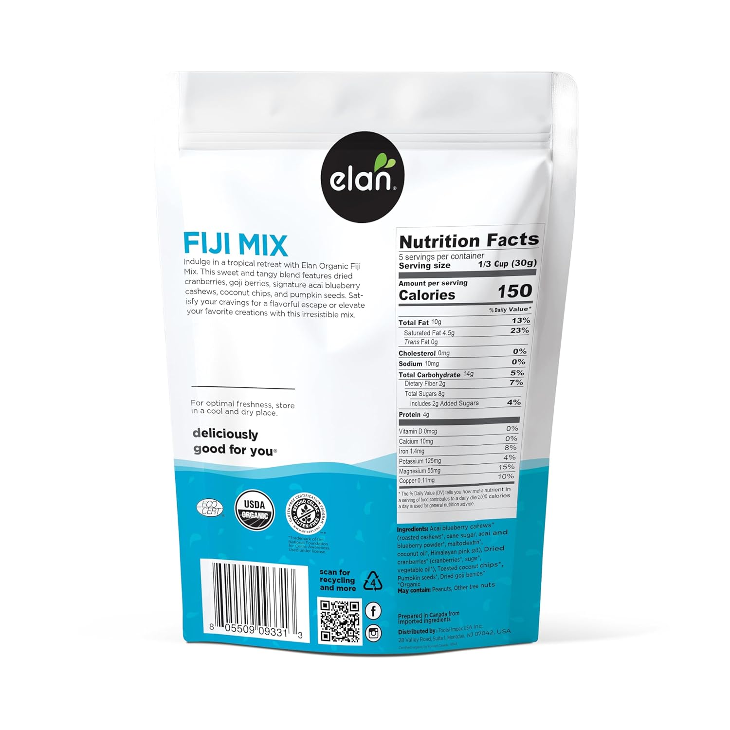 Elan Organic Fiji Mix, 4.8 oz, Non-GMO, Gluten-Free, Vegan, Kosher, Dried Fruits (Dried Goji Berries, Dried Cranberries), Superfood Infused Nuts (Blueberry Acai Cashews), Pumpkin Seeds - Image 2
