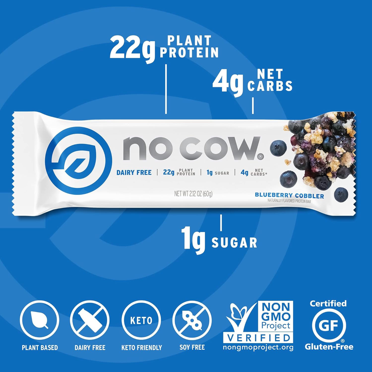 No Cow High Protein Bars, Blueberry Cobbler - Healthy Snacks, 20g Vegan Protein, High Fiber, Low Sugar, Keto Friendly, Dairy & Gluten Free (12 Count) - Image 5