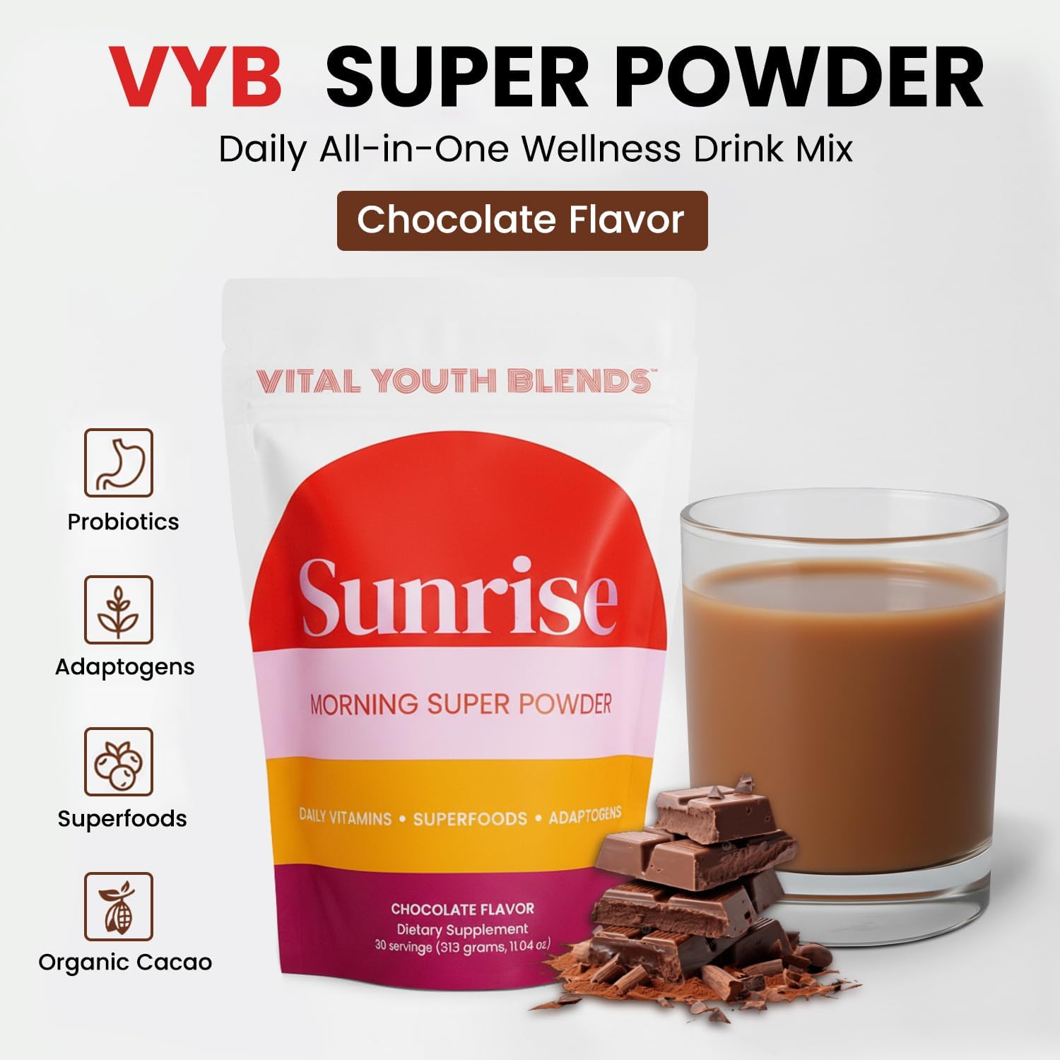 VYB All-in-One Super Powder with Vitamins, Superfoods, Probiotics, Functional Mushrooms, & DIM for Gut Health, Energy, Mood, Hormone Support & Wellness -Chocolate Flavor - 30 Servings - Image 4