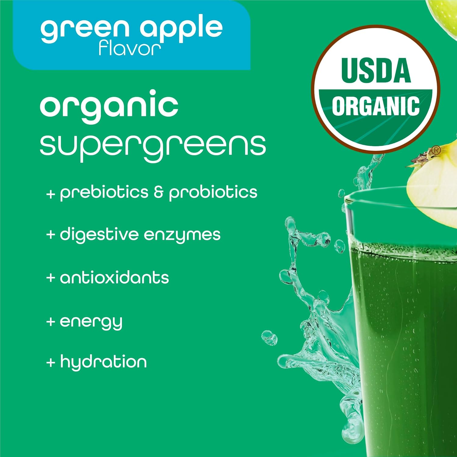 Zena Nutrition Organic Super Greens Energy & Hydration Powder, 70+ Superfoods, 0 Sugar, 5G Fiber, Spirulina, Chlorella, Prebiotics/Probiotics, Natural Caffeine + Electrolytes, 40 Drink Mix Packets - Image 3
