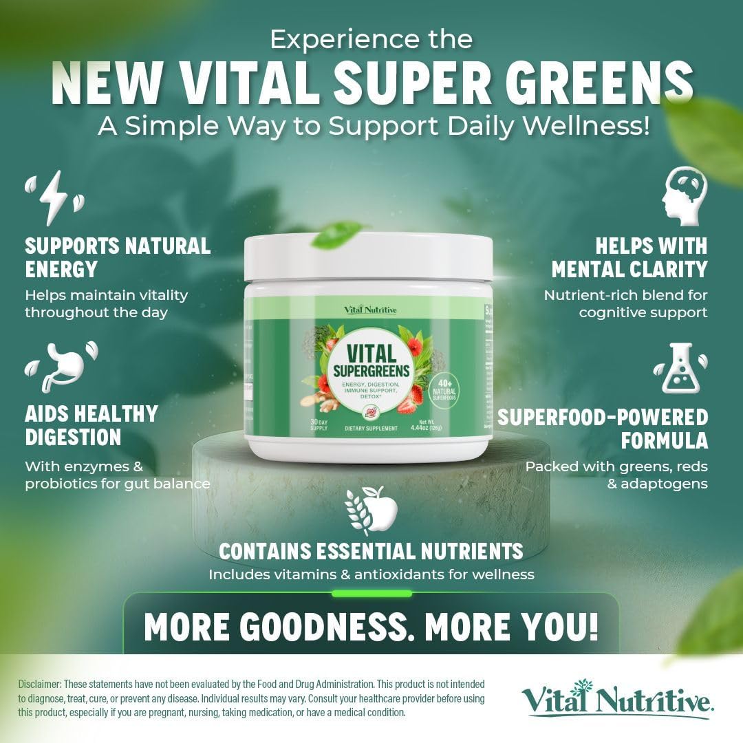 Vital Greens Superfood Powder – New Formula with 40+ Superfoods Daily Green Drink Powder w/Probiotics – Supergreens for Energy, Gut Health, Digestion Support, Plant-Based, Vegan Superfoods - Image 5