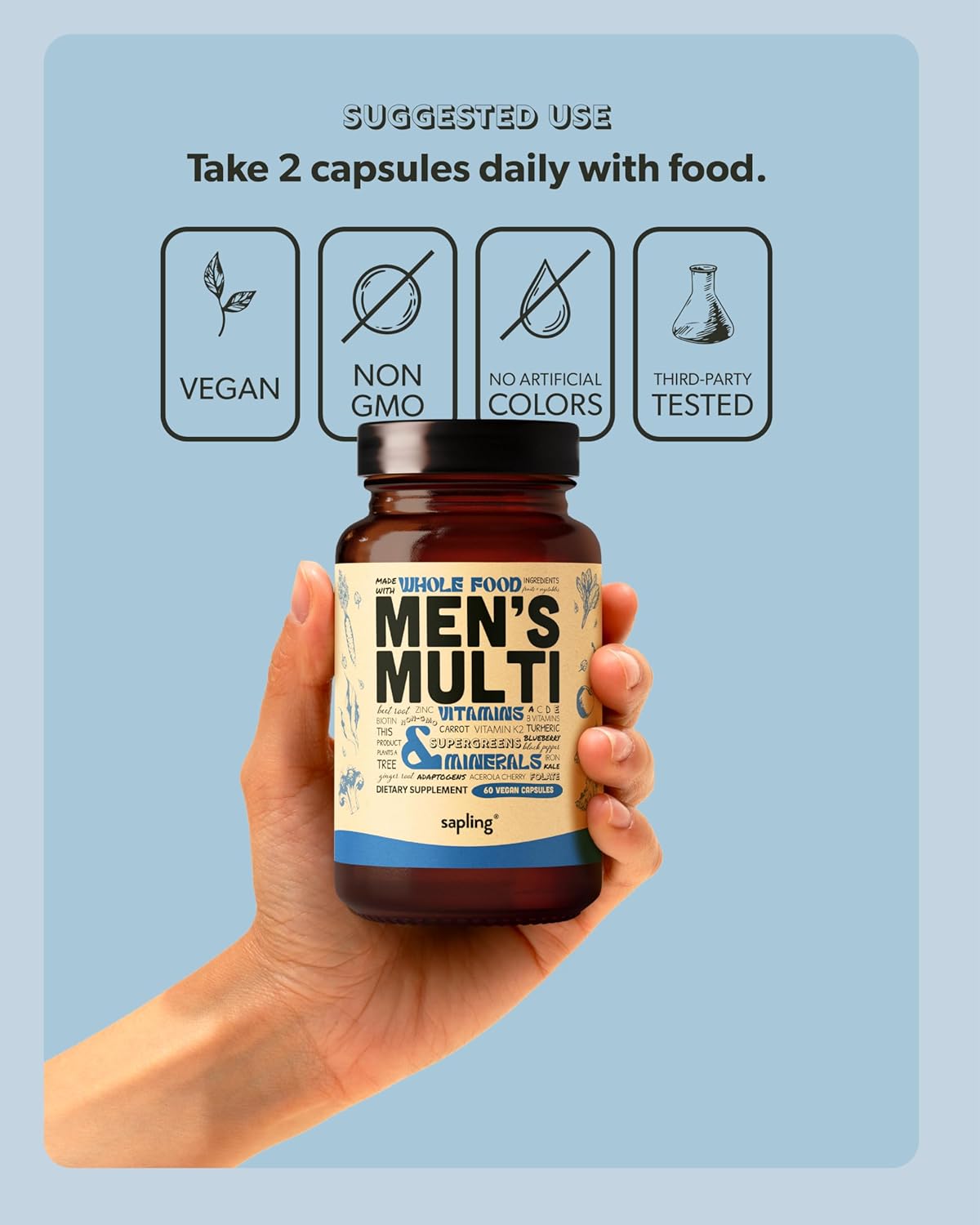 Multivitamin for Men - Daily Men’s Multivitamin - Methylated B Complex with Whole Food Ingredients, Vitamin B12, Folate, A, C, D3, E, K2, Organic Fruits & Vegetables - Vegan, Non-GMO - 60 Caps - Image 5