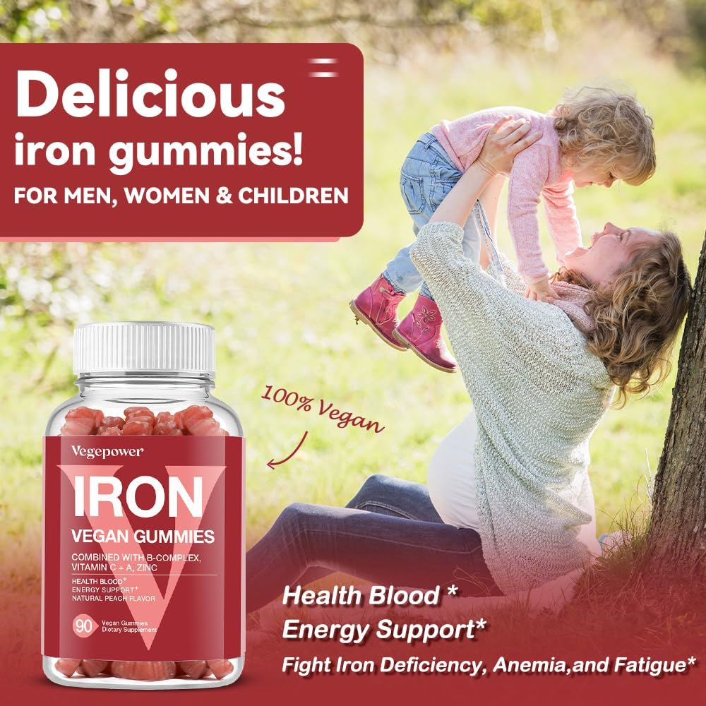 Vegan Iron Gummies Supplement - with Vitamin C, A, B-Complex, Folate, Zinc for Adults & Kids - Health Blood & Energy Support for Iron Deficiency, Anemia, No After Taste - Peach Flavor (90 Ct) - Image 3