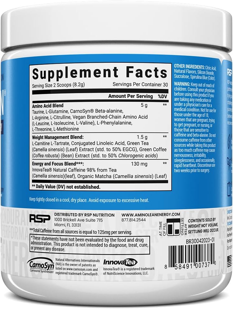 RSP Nutrition AminoLean Pre Workout Powder, Amino Energy & Weight Management with Vegan BCAA Amino Acids, Natural Caffeine, Preworkout Boost for Men & Women, 30 Serv - Image 2