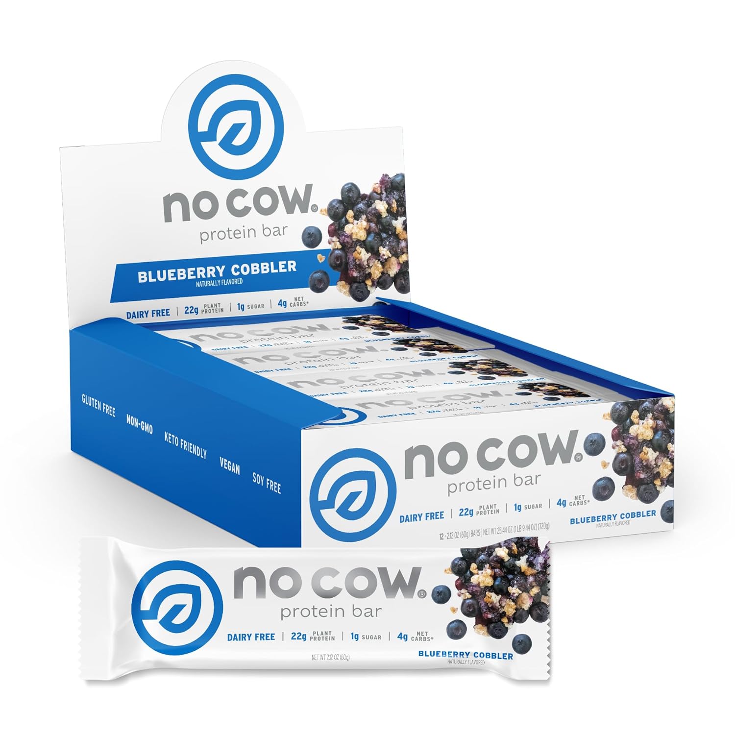 No Cow High Protein Bars, Blueberry Cobbler - Healthy Snacks, 20g Vegan Protein, High Fiber, Low Sugar, Keto Friendly, Dairy & Gluten Free (12 Count)