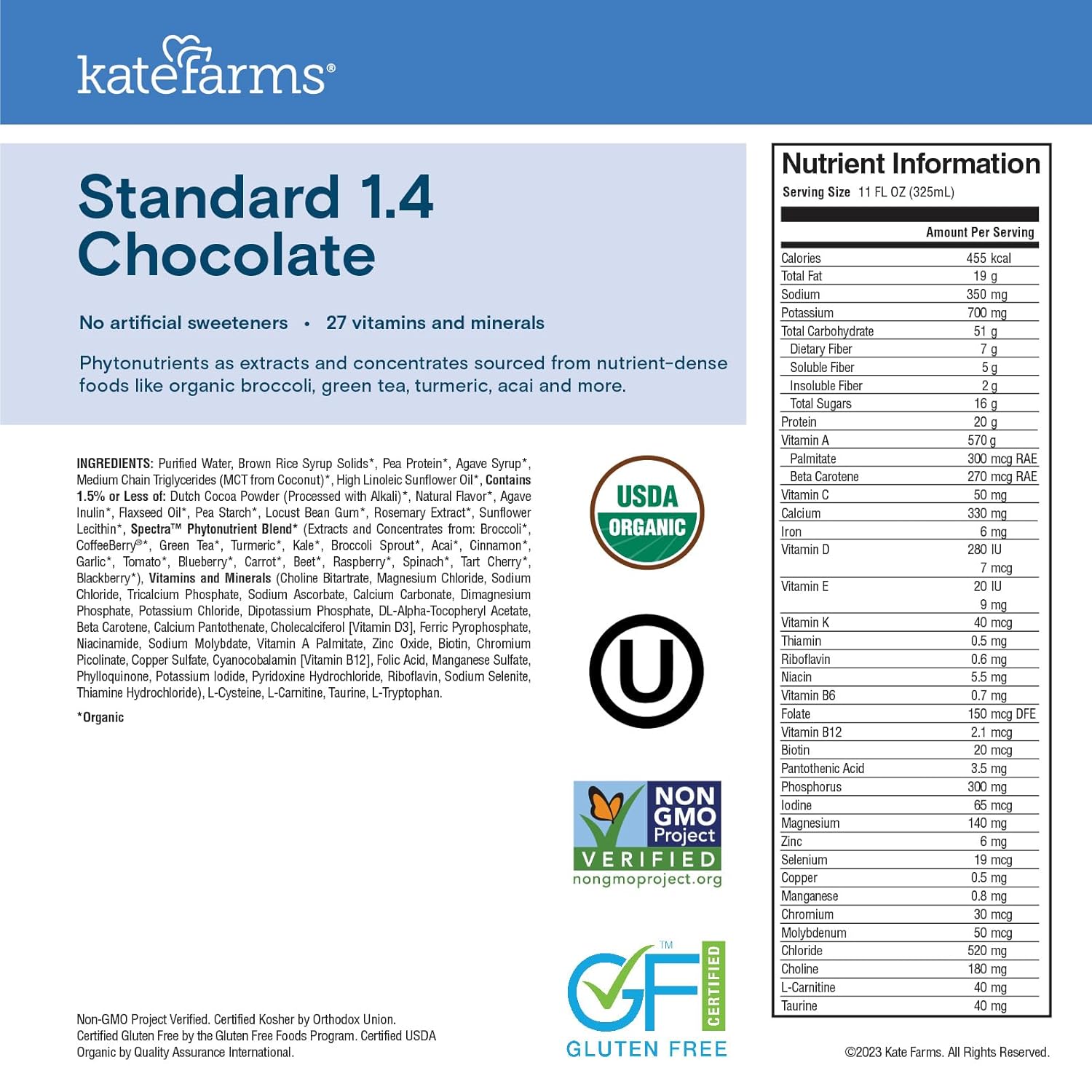 KATE FARMS Organic 1.4 High Calorie Nutrition Shake, Chocolate, 20g Protein, 27 Vitamins and Minerals, Meal Replacement, 11 oz (12 Pack) - Image 6