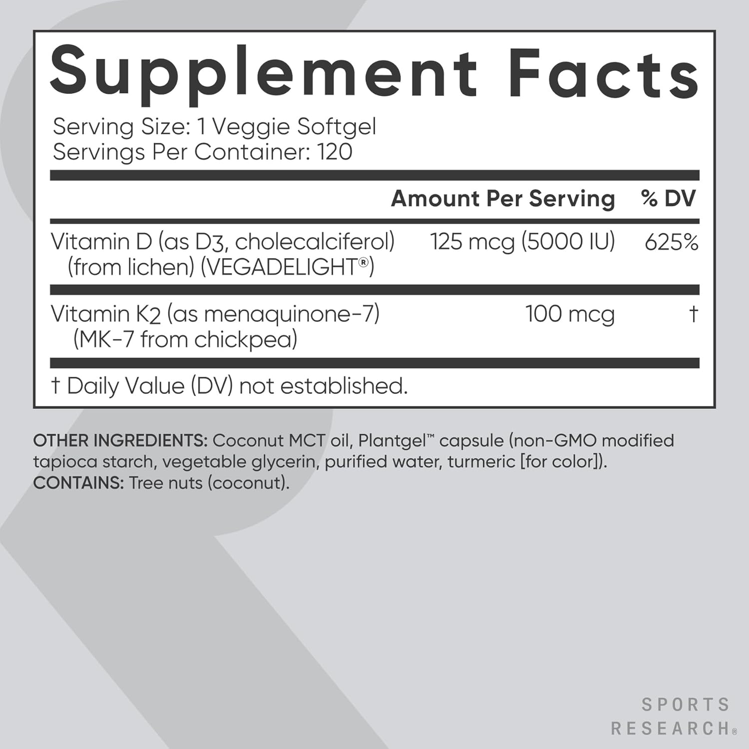 Sports Research Vitamin D3 with K2 Softgels - Plant Based K2 & Vegan D3 5000iu with Coconut MCT Oil - Vegan Certified, Soy & Gluten Free - 120 Count - Image 5
