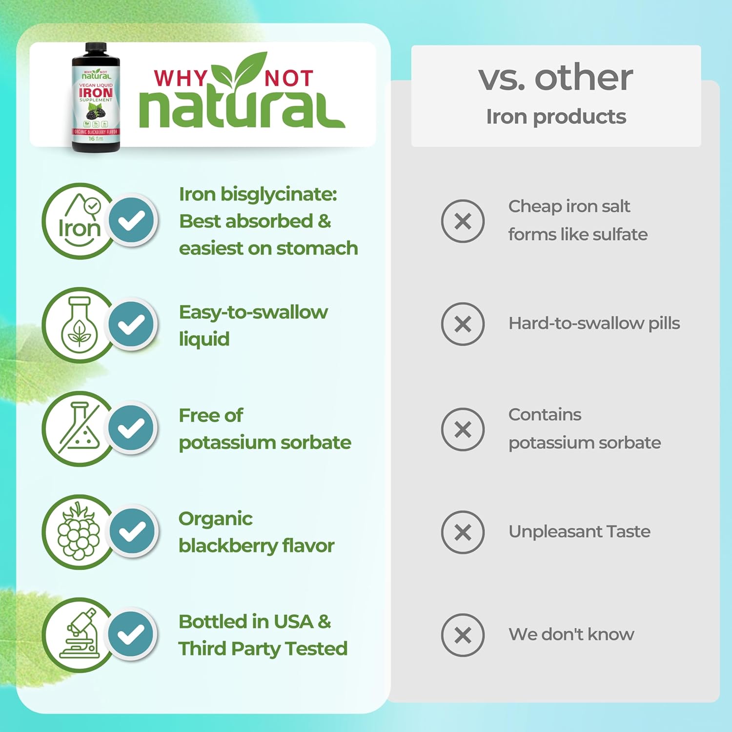 Why Not Natural Liquid Iron Supplement for Women, Men and Kids, Vegan Formulation for Anemia, Sugar Free, Vegan, Non-GMO, Organic BlackBerry Flavor 16 Fl Oz - Image 4