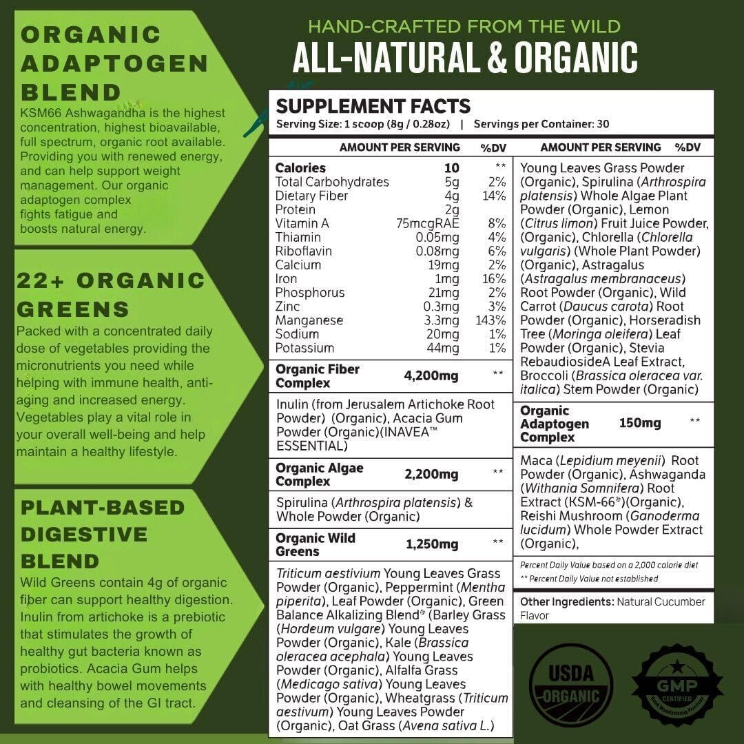 TruWild Greens Superfood Cucumber Powder, with 22+ Greens & Anti-Oxidants, Delicious Green Juice Powder, Natural Immune, Stress, Digestion Support, 30 Servings Per Tub (Cucumber Mint) - Image 7