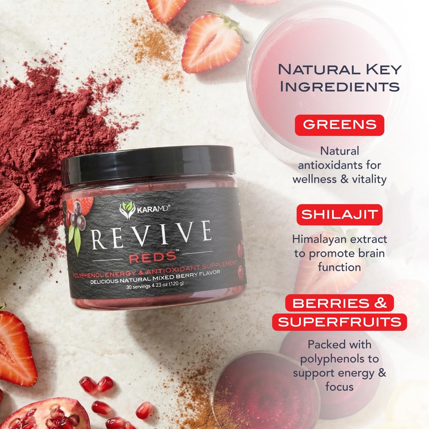 KaraMD Revive Reds | Delicious Energy Boosting Concentrated Polyphenol Blend | Vegan Friendly, Gluten Free & Non-GMO Superfood Powder | Antioxidant Powder Containing Shilajit & Enzymes (30 Servings) - Image 5