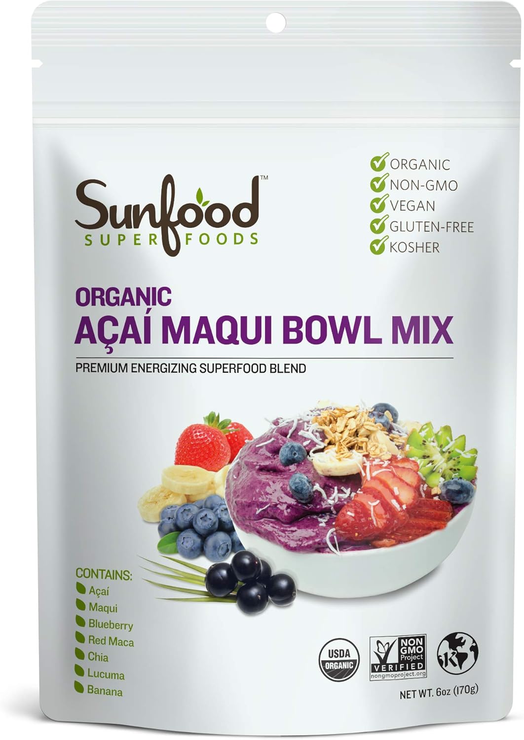 Sunfood Superfoods Organic Acai Maqui Bowl Mix - Organic Acai Powder and Maqui Powder Berry Extract for Smoothie Bowls, Antioxidants & Vitamin C - 6 Oz Bag