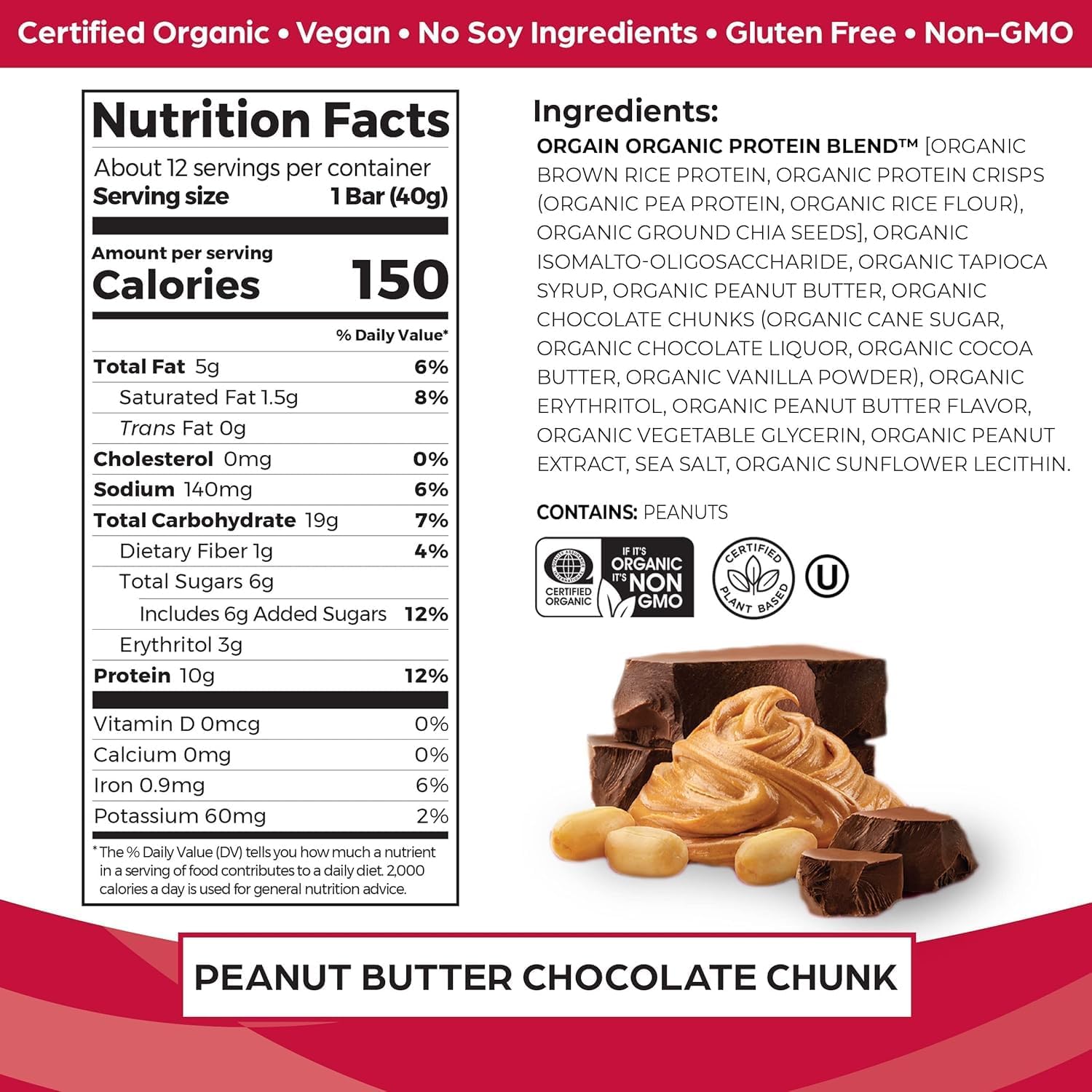 Orgain Organic Vegan Protein Bars Bundle - Chocolate Chip Cookie Dough & Peanut Butter Chocolate Chunk - 10g Plant Based Protein, Gluten Free, Non-GMO - 1.41 Oz (2 Pack of 12) - Image 3
