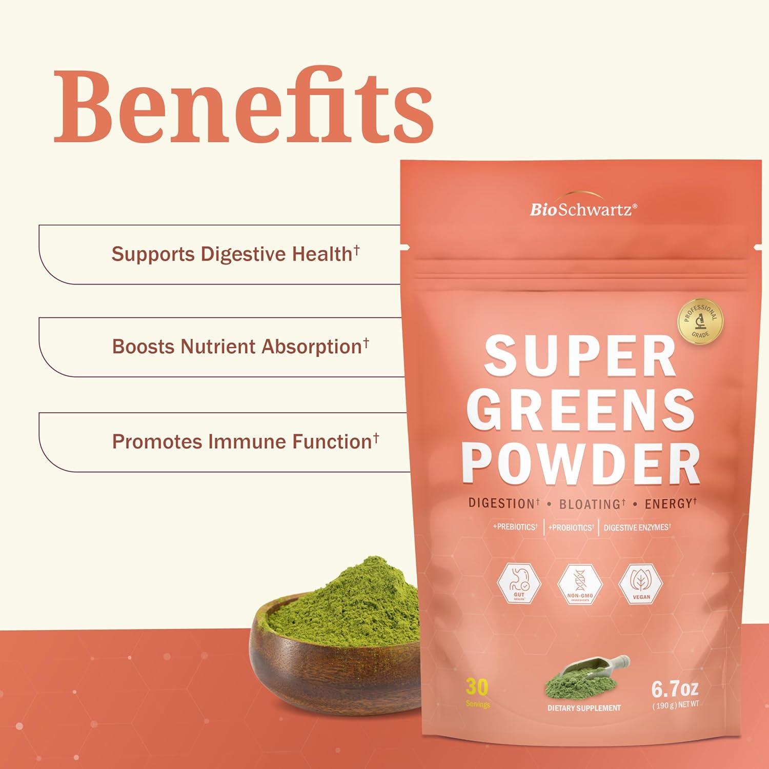 Super Greens Powder Superfood - Greens Powder with Probiotics Prebiotics Digestive Enzymes and 43 Green Superfoods - Chlorophyll Bilberry Chlorella Spirulina Grass - Tastes Amazing - 30 Servings - Image 5