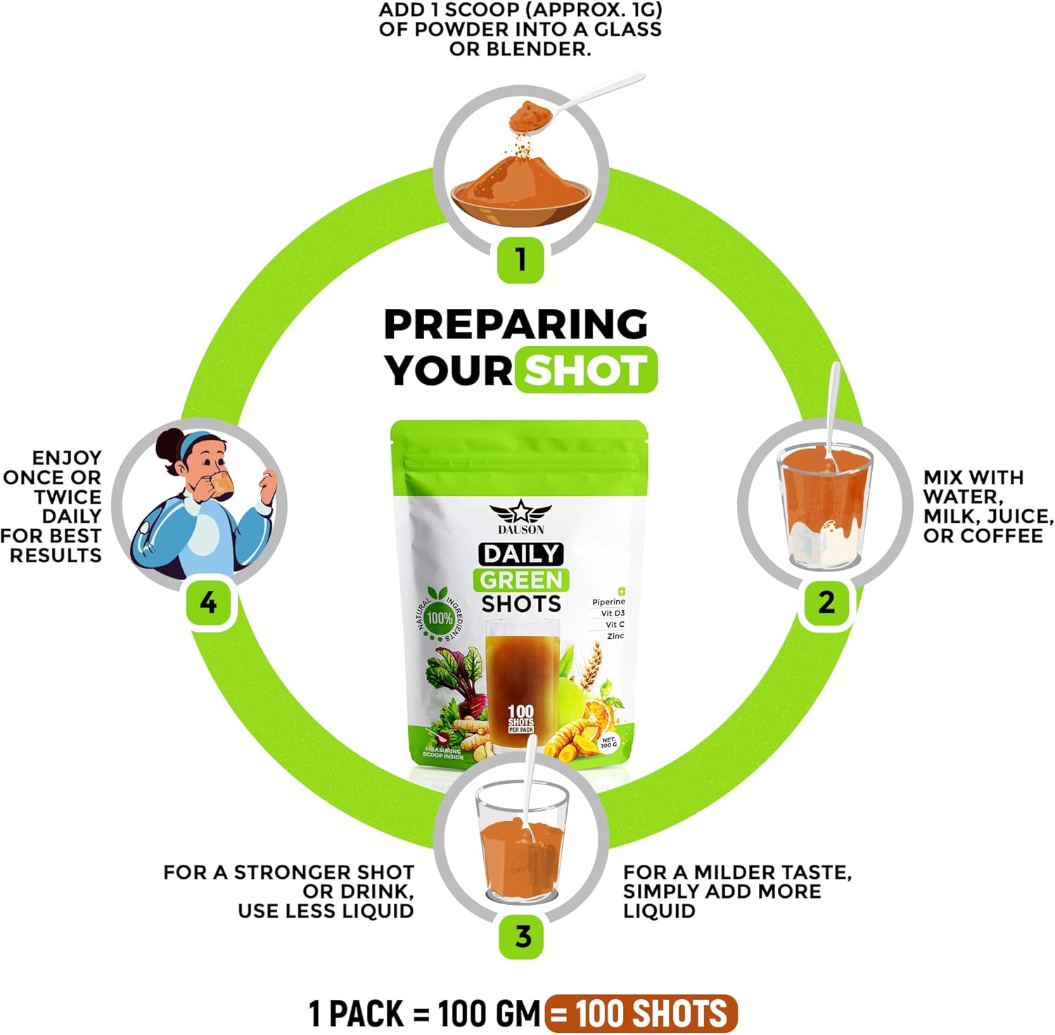 Daily Green Shots – 100 Shots of Superfood Powder with Wheatgrass, Matcha, Beetroot, Ashwagandha, Turmeric & Prebiotics – Immunity & Energy Support – Vegan Greens Supplement - Image 3