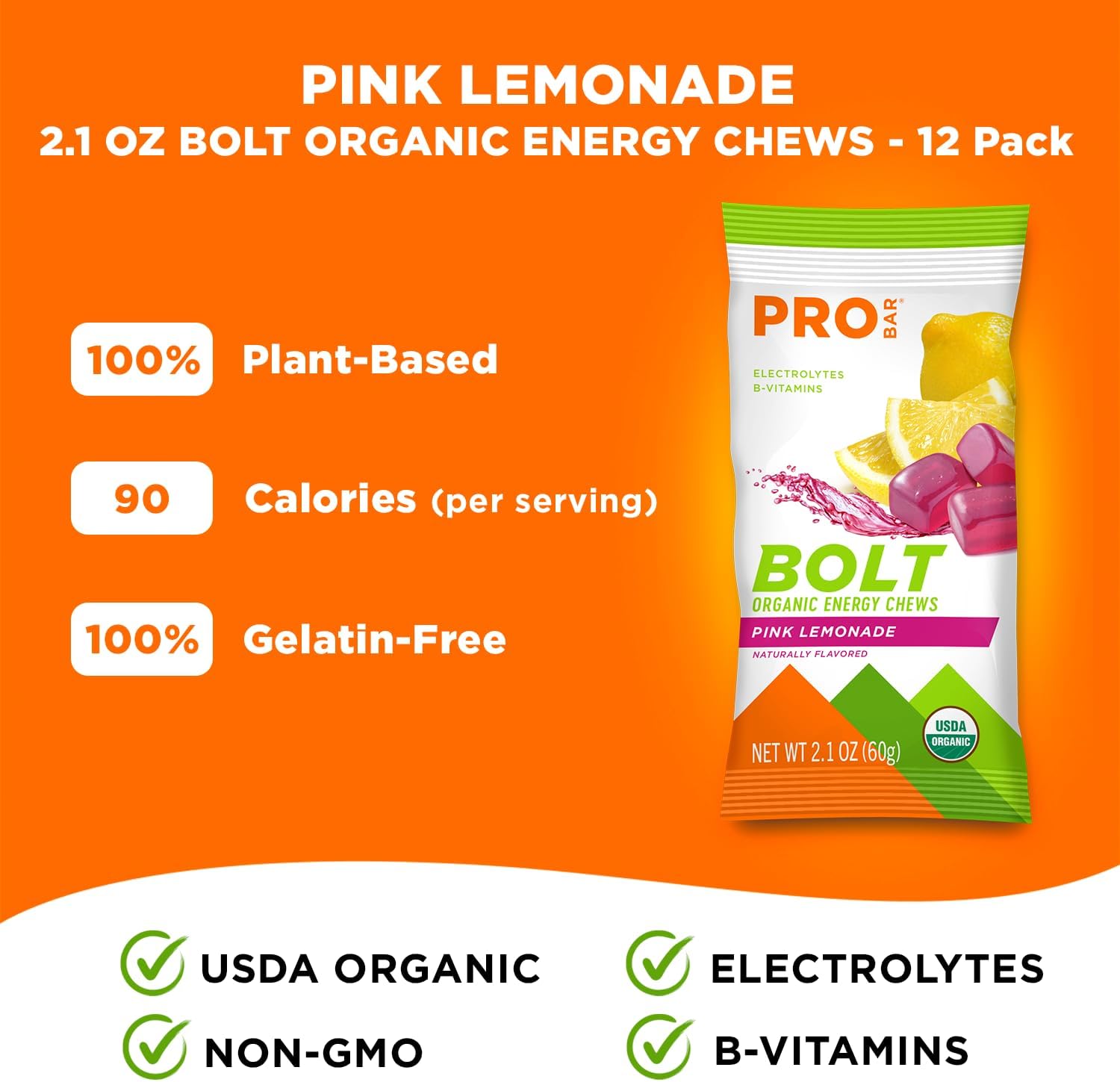 PROBAR Bolt Energy Chews for Running & Cycling – Organic Sports Nutrition Gummies with Electrolytes & B Vitamins, Fast Carb Endurance Fuel, Vegan Gluten Free Non-GMO, Pink Lemonade (12 Pack) - Image 4