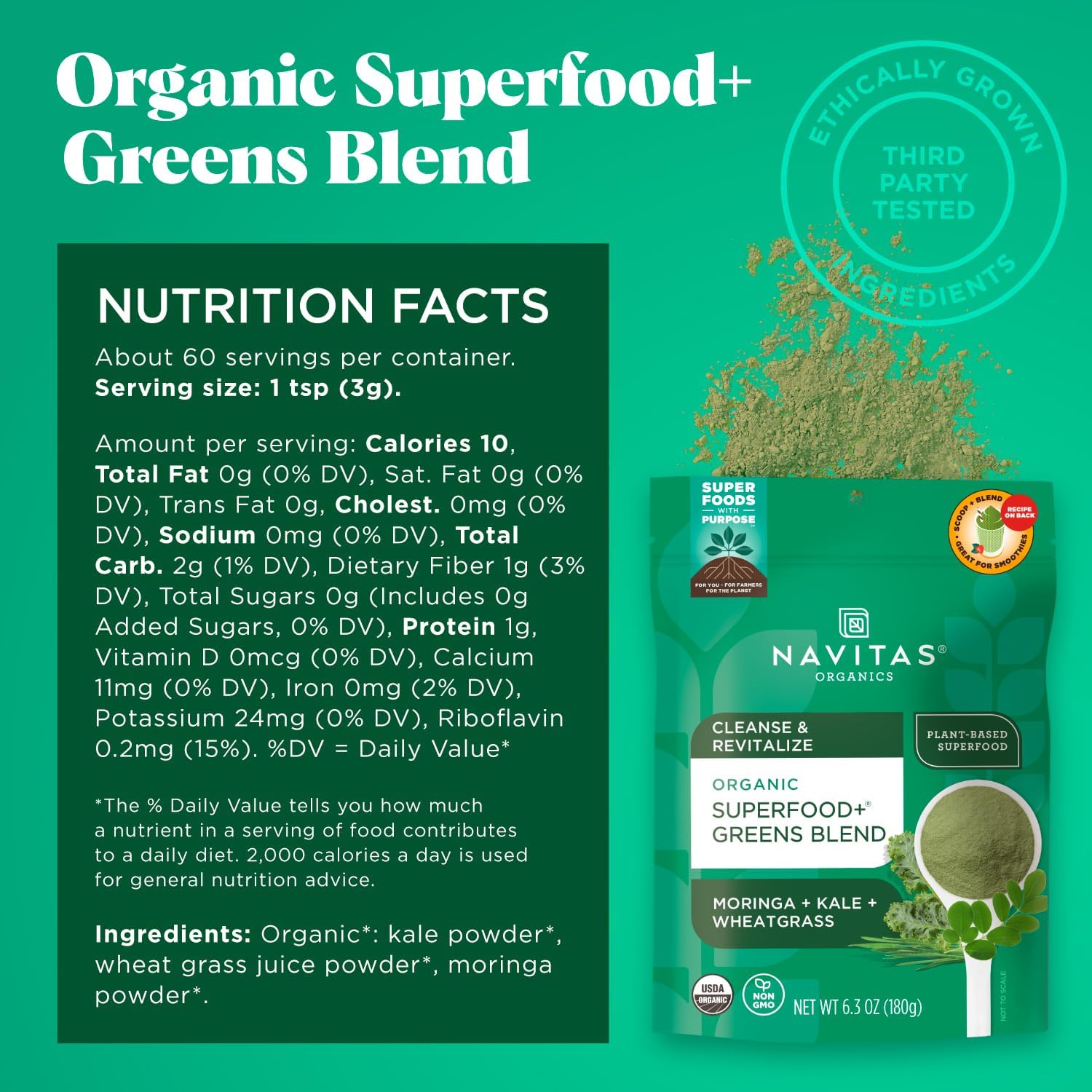 Navitas Organics Superfood+ Greens Blend for Detox Support (Moringa + Kale + Wheatgrass), 6.3oz Bag, 30 Servings — Organic, Non-GMO, Vegan, Gluten-Free, Keto & Paleo.… - Image 3