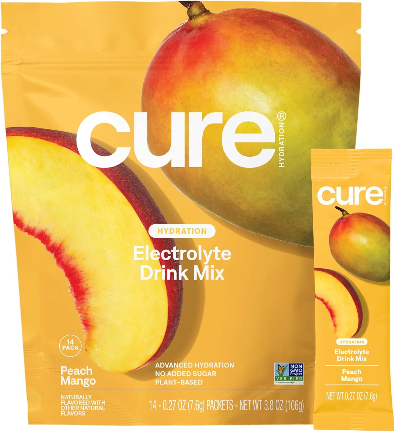 Cure Hydration | Plant-Based Electrolyte Drink Mix | No Added Sugar | Dehydration Relief Powder Made with Coconut Water | Non-GMO | Vegan | Pouch of 14 Packets - Peach Mango