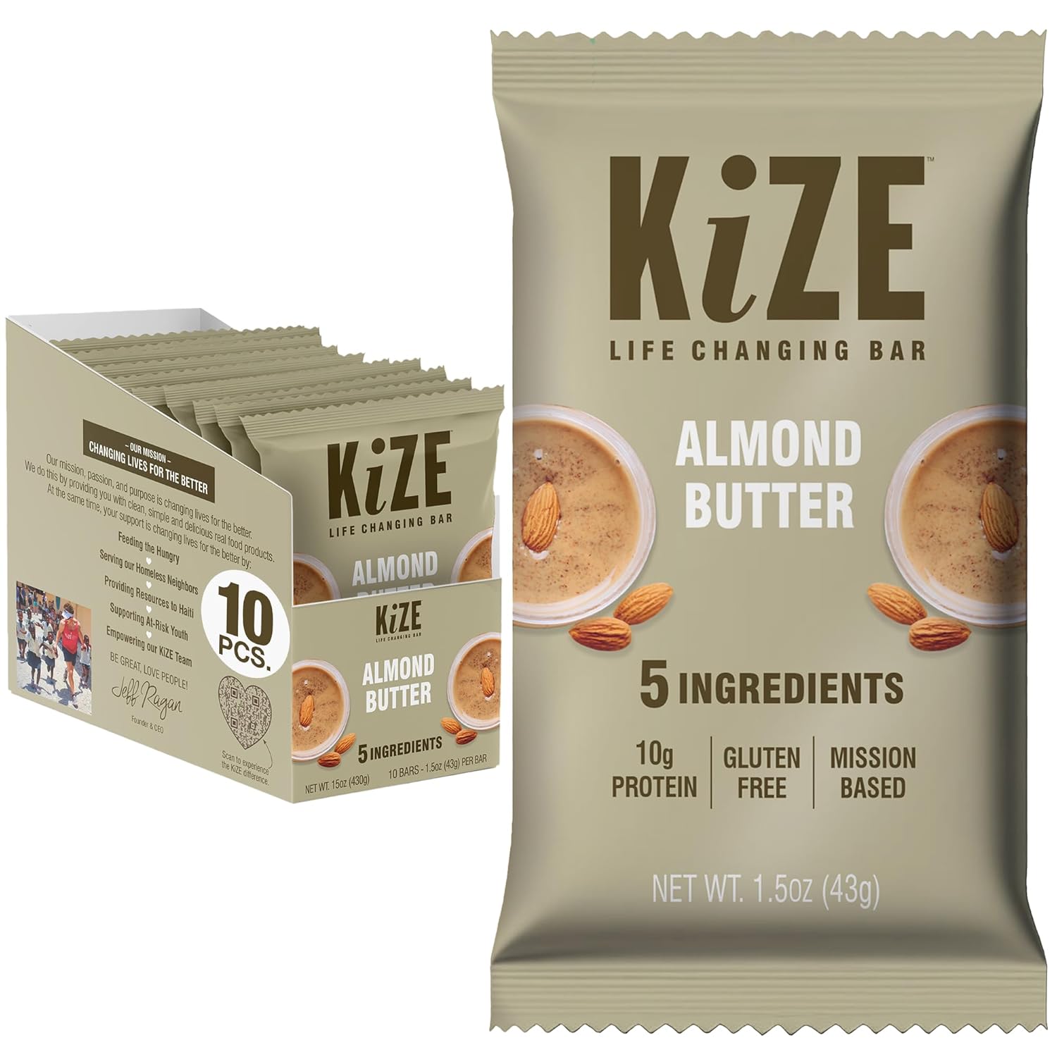 KiZE Energy Bars - Almond Butter - Almond-Butter-Based, Gluten Free, Non-GMO, and High Protein Meal Replacement Energy Bars, Clean and Simple Food Ingredients - 10g High Protein Snacks, (10 Count)