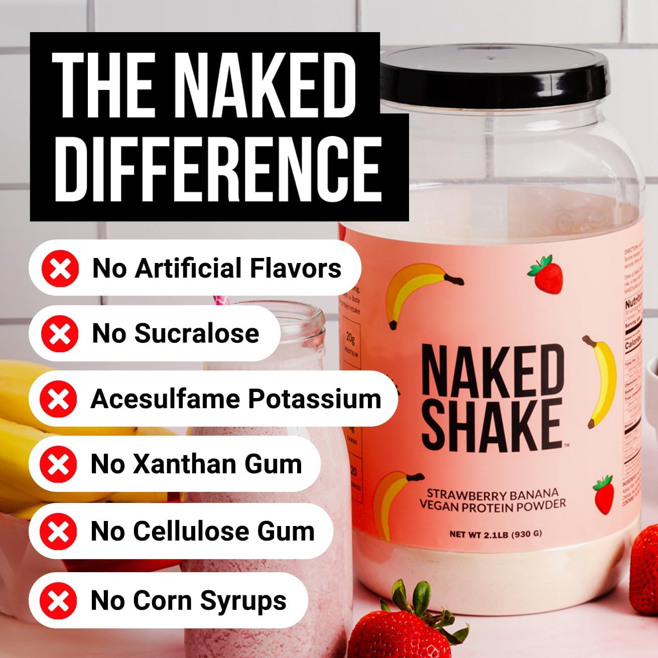 NAKED Shake - Vegan Protein Powder, Strawberry Banana - Flavored Plant Based Protein with Mct Oil, NSF Certified, Gluten-Free, Soy-Free, No Gmos Or Artificial Sweeteners - 30 Servings - Image 2