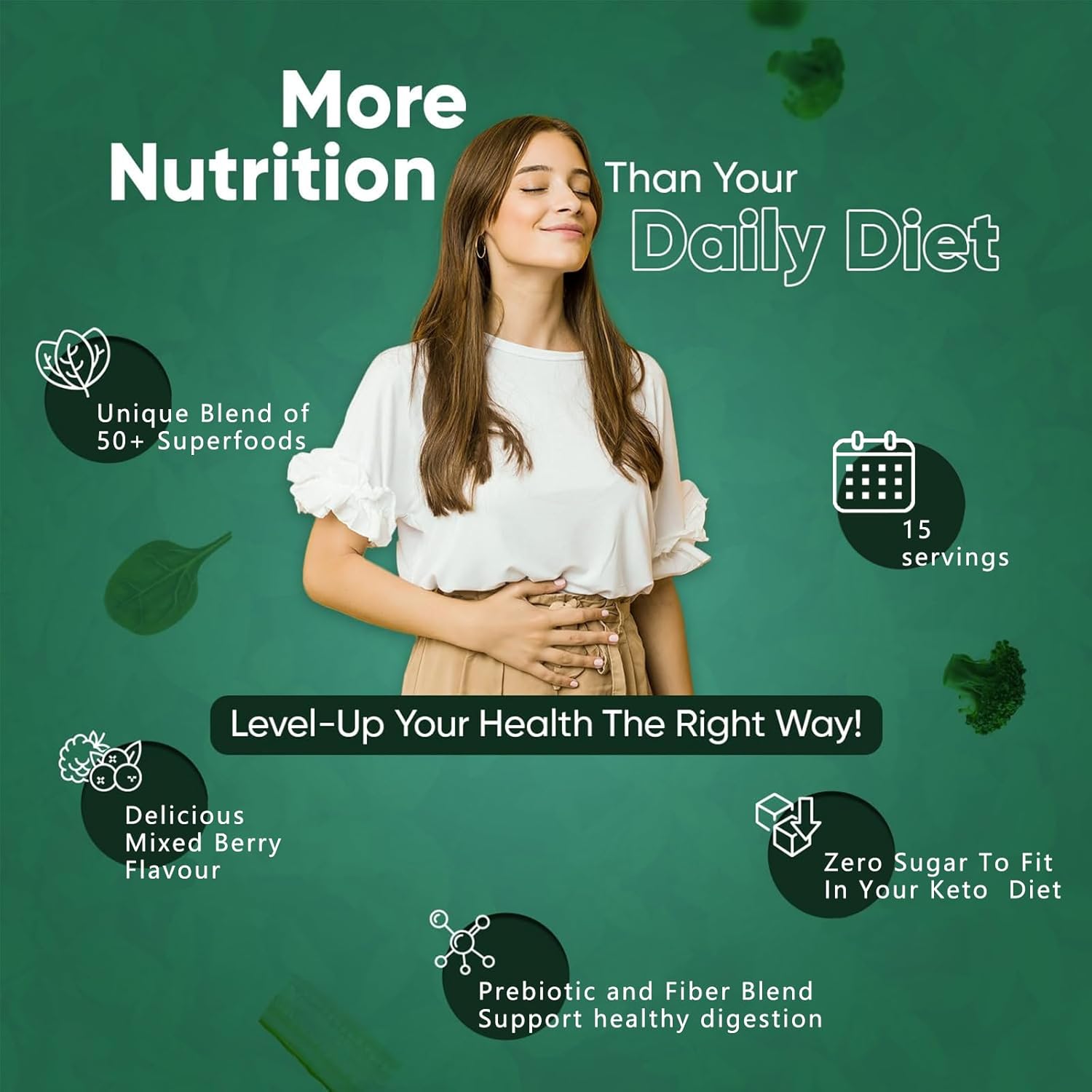 Greens Superfoods Powder for Digestive Health, Sugar Free Super Greens Powder, Spirulina, Chlorella for Bloating & Gut Support, Daily Support for Women (4,77 oz, Mix Berry) - Image 4