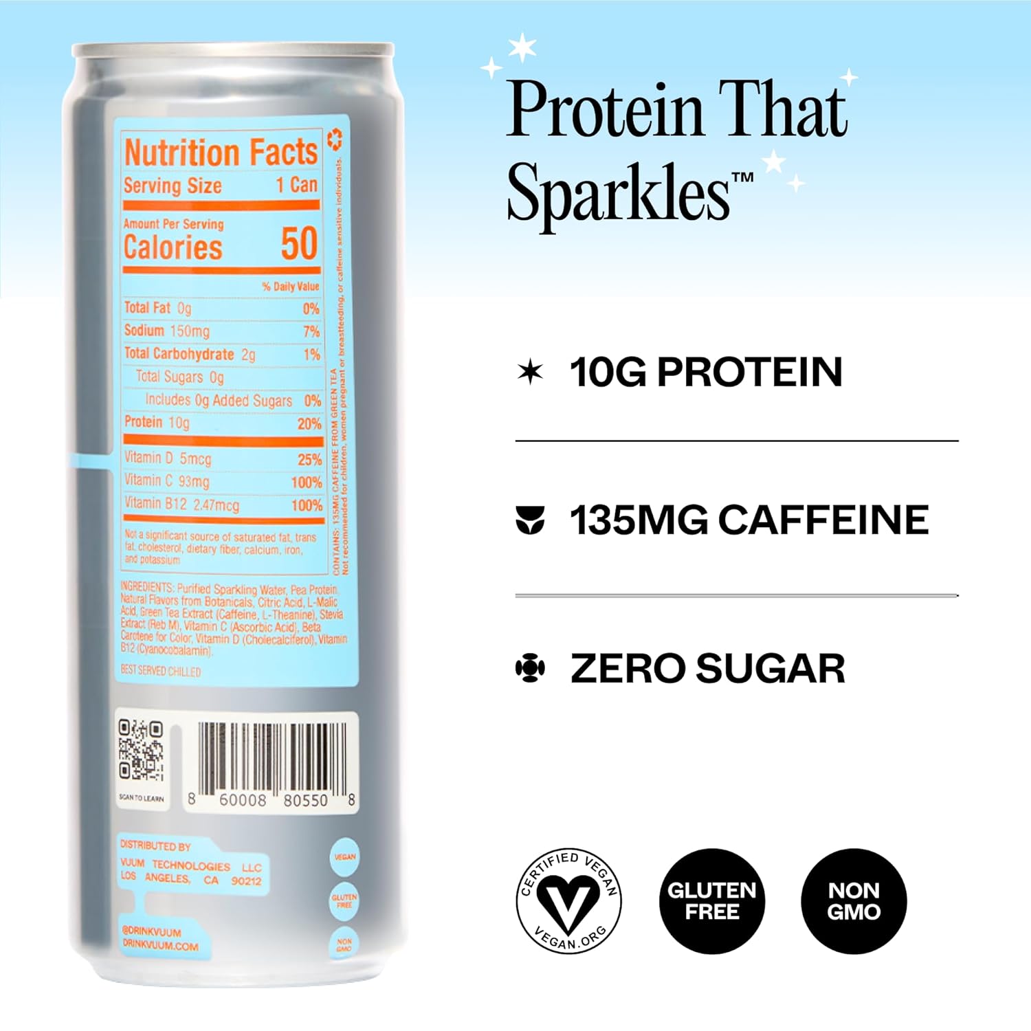Vuum Sparkling Clear Protein Drink - 10g Plant Protein & Natural Caffeine with L-Theanine, Amino Acids for Focused Energy - Sugar Free, All Natural, Non-GMO 12 fl oz (12-Pack), White Peach Ginger - Image 2