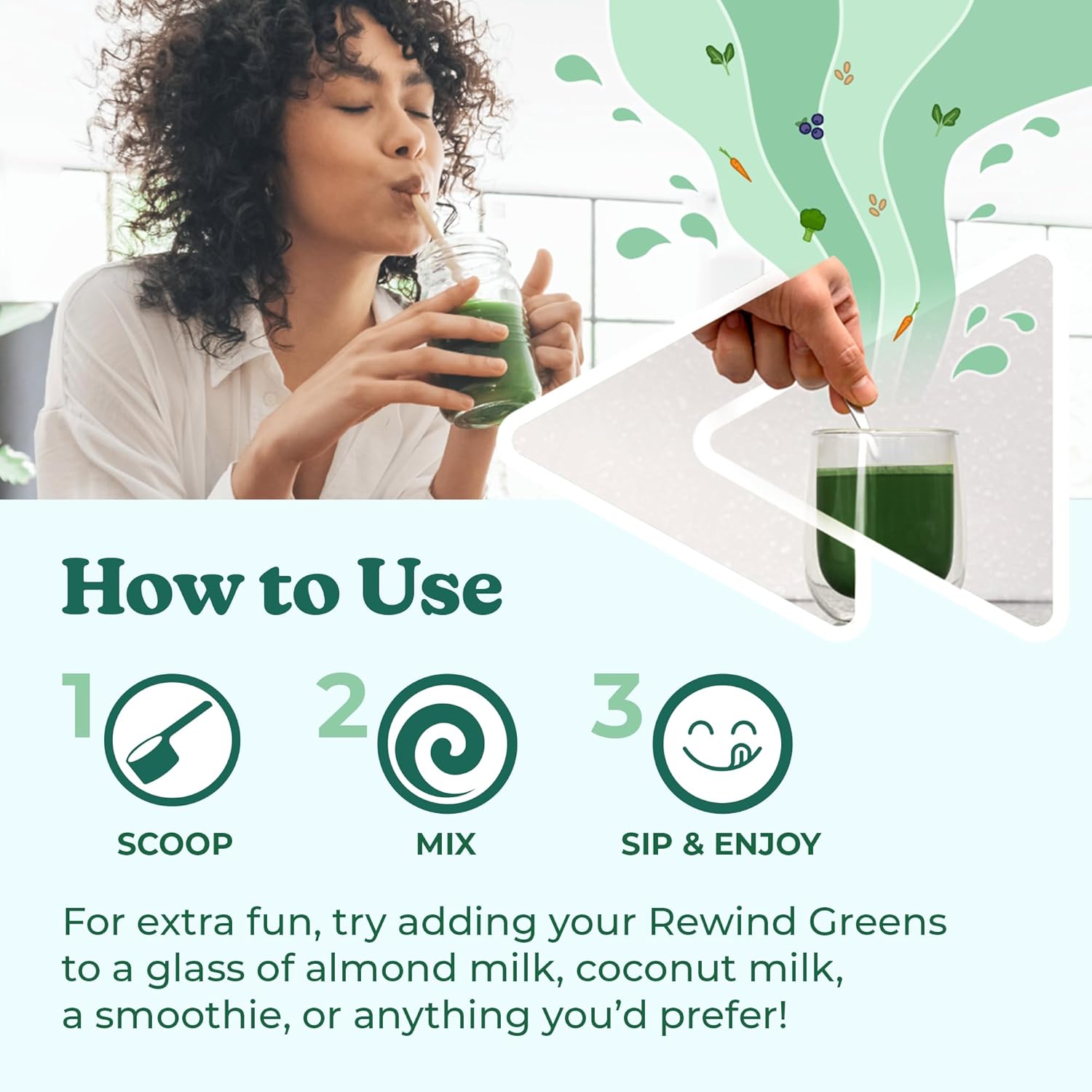 Rewind Super Greens Powder with 50+ Superfoods Daily Green Juice for the Whole Family Delicious Green Powder Drink Mix White Peach Flavor - 10 Servings - Image 7