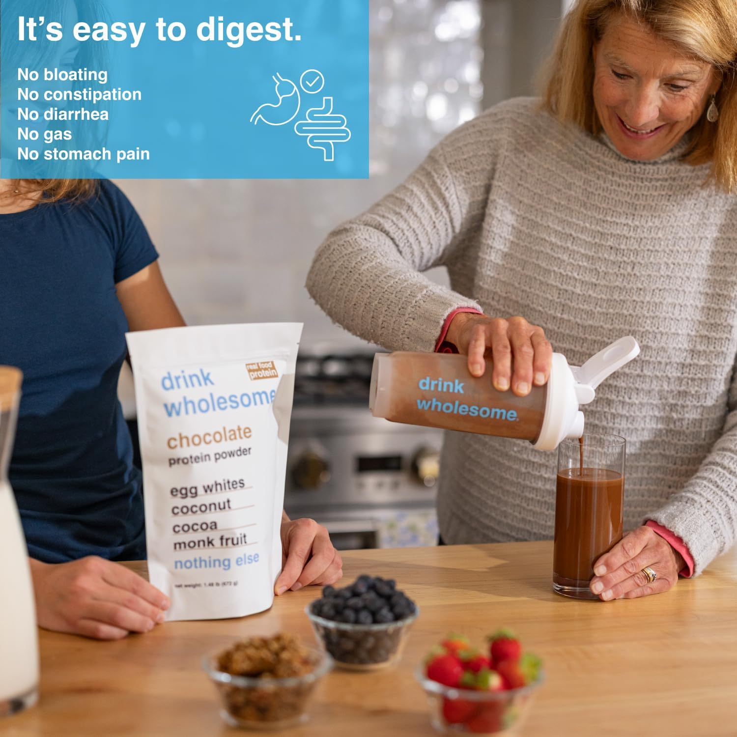drink wholesome Chocolate Egg White Protein Powder for Sensitive Stomachs | Minimally-Processed, Whole-Food Protein | Additive-Free, Dairy-Free, Gluten-Free | Low FODMAP - Image 2