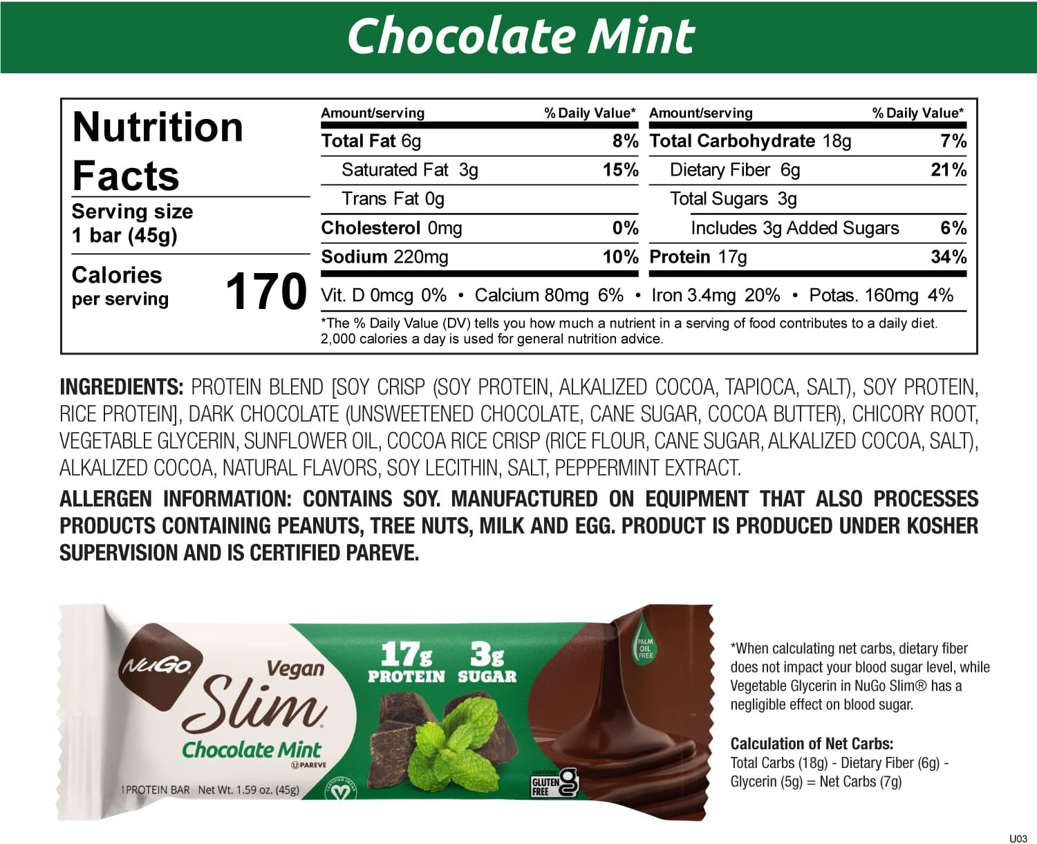 NuGo Slim Chocolate Mint, 17g Protein Bar, Vegan, Gluten Free, Non-GMO, Kosher, Keto Friendly, Low Carb, 1.59oz Bar - Image 4
