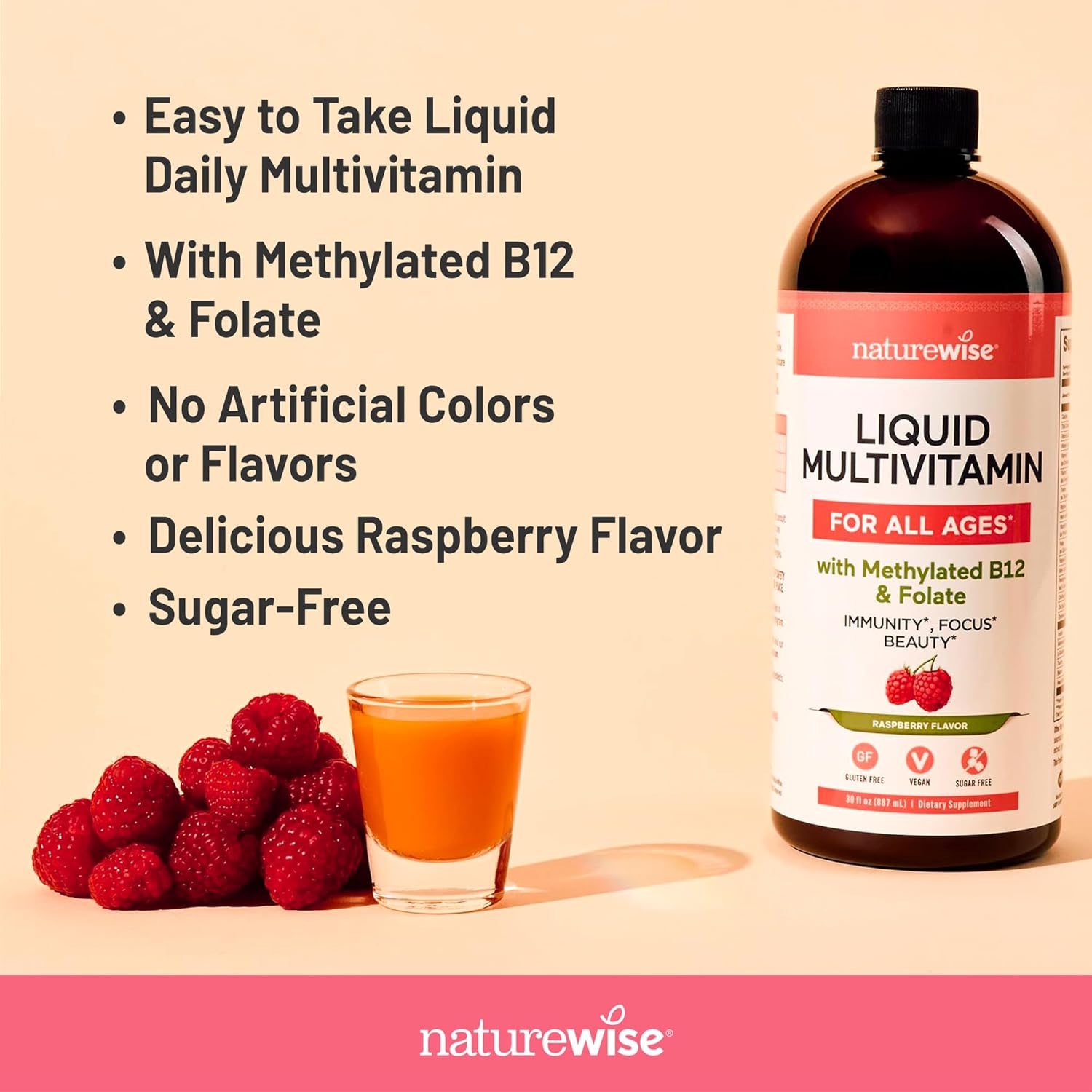 NatureWise Liquid Multivitamin for Women, Men of All Ages - Sugar Free, Vegan - Vitamins for Energy Levels, Beauty, Immune Health with Methylated B12 & Folate - Non-GMO - 30 fl oz(887 mL) - Image 3