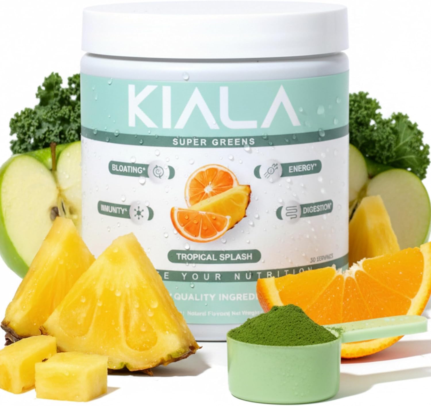 Kiala Nutrition Super Greens, Organic Greens Powder with Spirulina & Chlorella for Digestion, Gut Health, Immunity, Adaptogens, Energy, Gluten Free, Vegan, Sugar Free, Tropical Splash, 30 Servings - Image 4