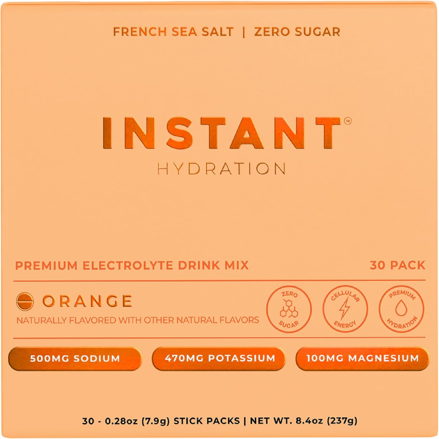 Instant Hydration Electrolytes Powder Packets - Citrus Orange Drink Mix - Zero Sugar - Keto, Vegan, Gluten-Free, Non-GMO - Boost Recovery, Brain Health, Muscle & Tissue Support- 30 Sticks