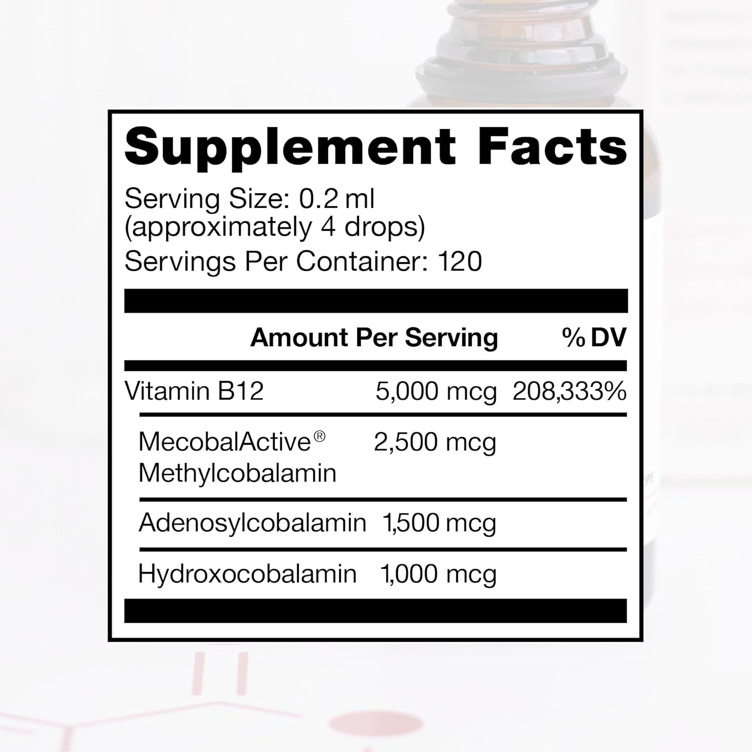BioActive B12 Full Spectrum Vegan Methylated Vitamin B12 Sublingual Liquid Methylcobalamin, Hydroxocobalamin & Adenosylcobalamin 1,250 mcg per Drop (4 Drops = 5,000mcg / 4 Month Supply) 20 ml - Image 3