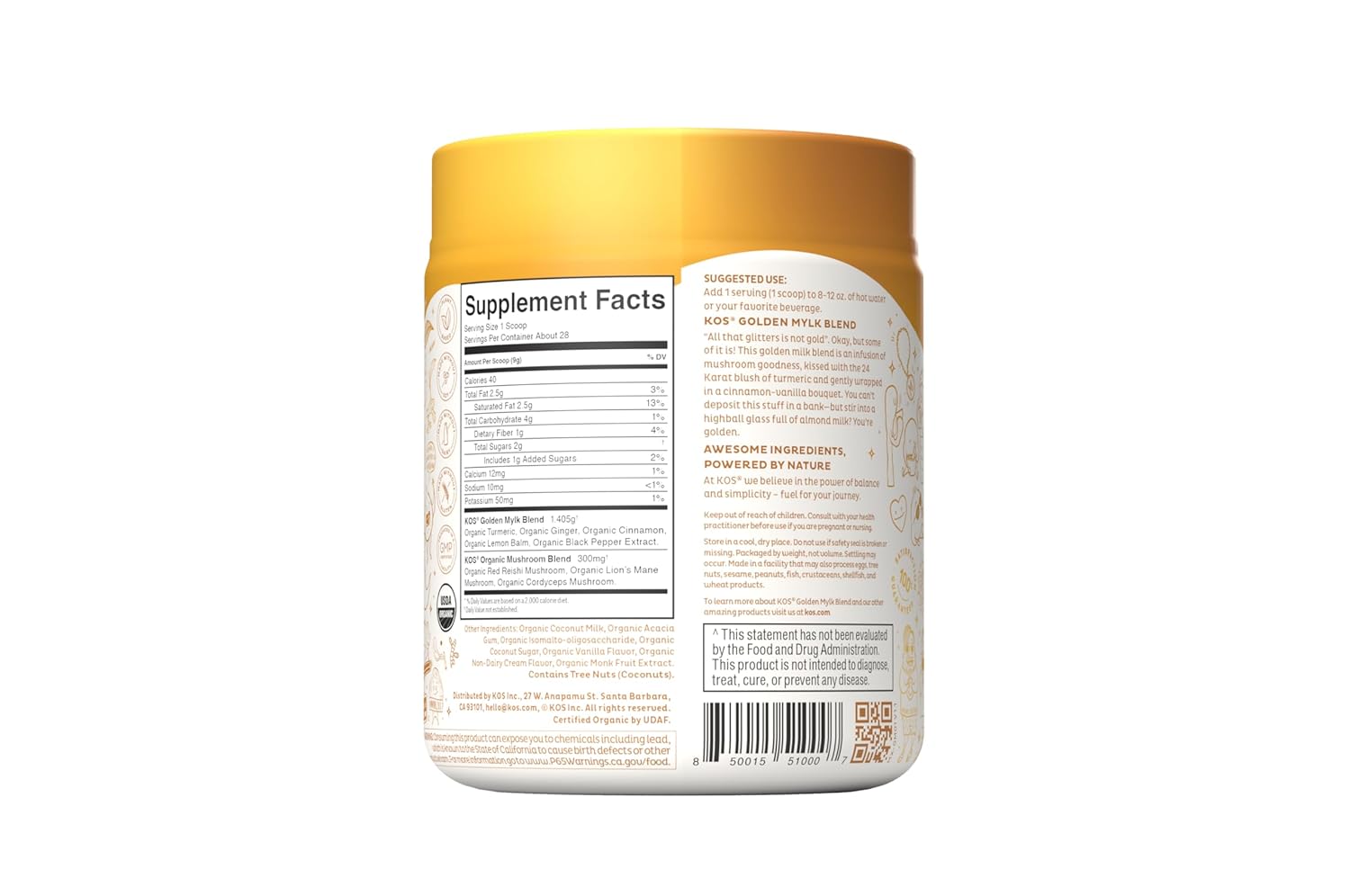 KOS Golden Mylk with Tumeric and Ginger, Organic Superfood Latte Powder, Adaptogen Mushroom Blend - Coffee Creamer, Dessert & Smoothie - Caffeine Free, Vegan, Dairy-Free, Gingerbread Chai, 28 Servings - Image 5