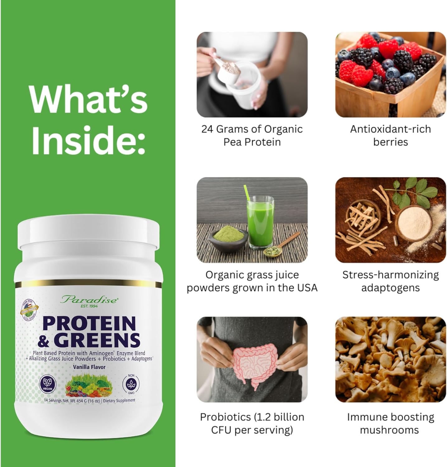Paradise Herbs ORAC Energy Proteins & Greens Powder, Antioxidant Power of 24 Servings of Fruits & Vegetables in 1 Scoop + 20g Protein, Vanilla, 14 Servings - Image 2