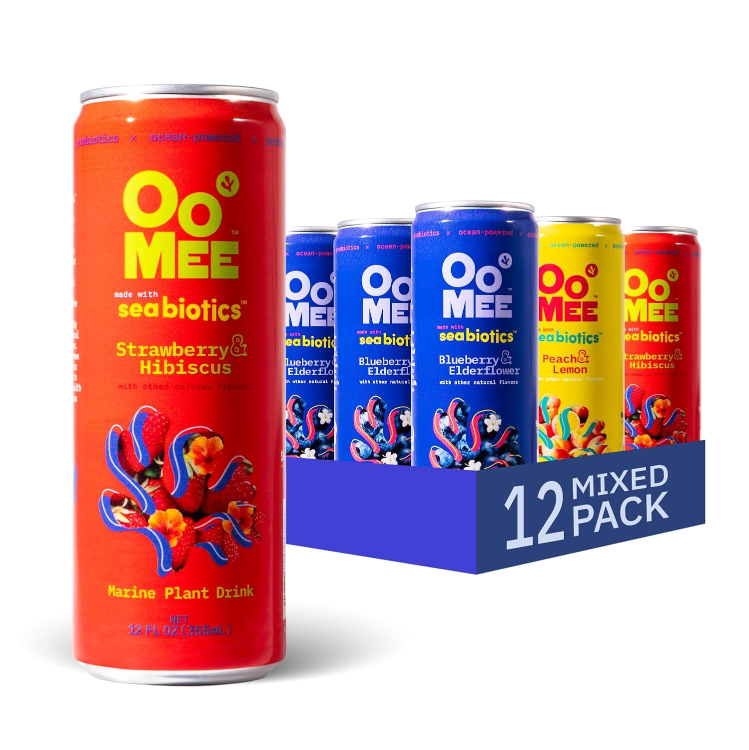 OoMee Prebiotic Drink | Variety Pack| Plant-Based Vegan Beverage with Marine-Sourced Agar Prebiotics (Seabiotics) for Digestive & Gut Health Functional Drink – 12oz Cans, 12-Pack