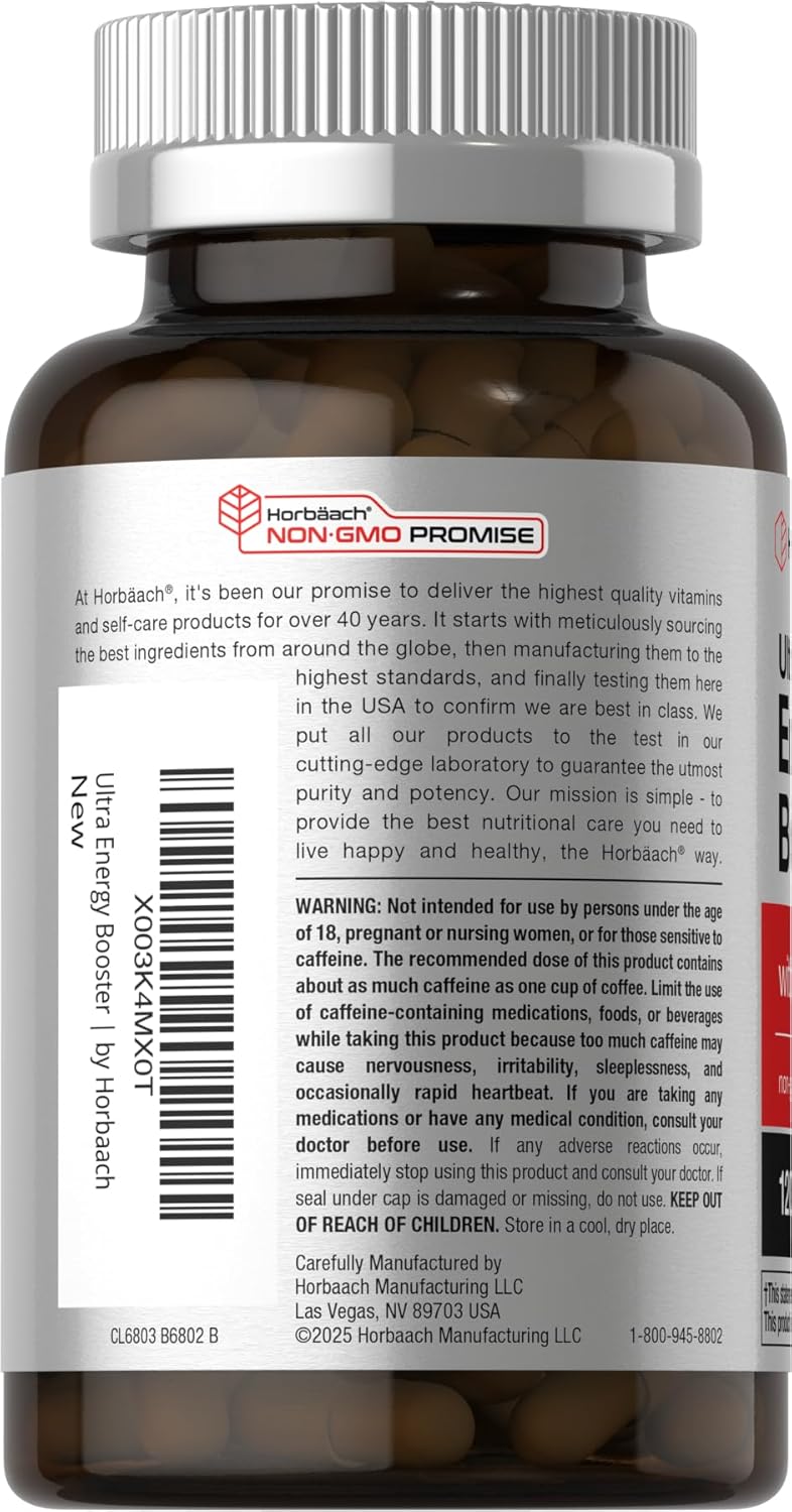 Horbäach Energy Supplement | 120 Capsules | with Caffeine, Ginseng & Vitamin B12 | Daily Energy Booster Pills | Non-GMO, Gluten Free - Image 3