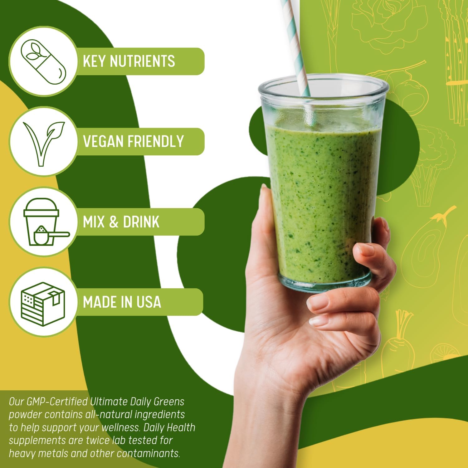 Daily Health, Ultimate Greens with MSM Powder, Vegan Friendly Natural Ingredients Gluten Soy Free NO GMO Superfood Vegetable Nutritional Drink Alkalizing Energy 8oz 1 Pack (1 Month Supply) - Image 6