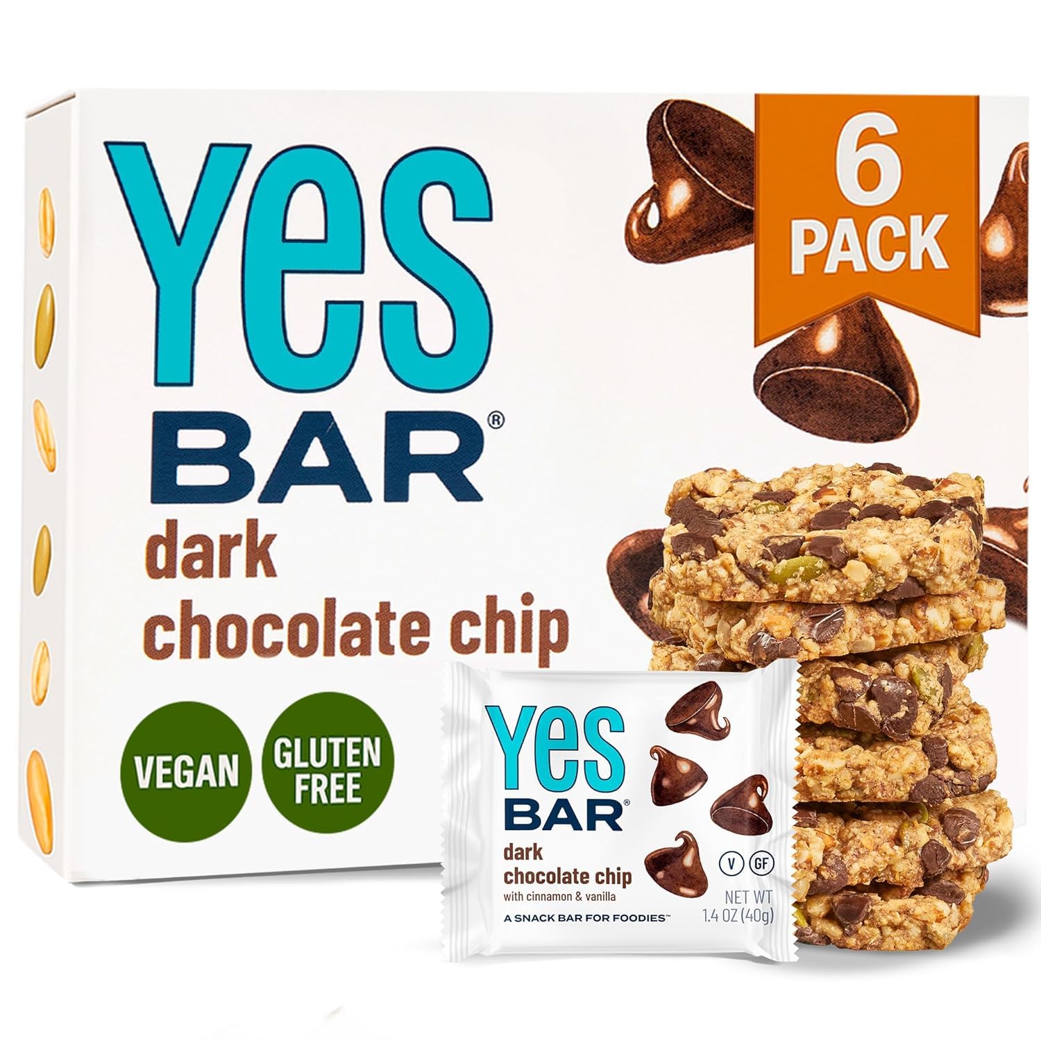 YES Nut Bars - Dark Chocolate Chip - Soft Chewy Healthy Snack Bars Made with Organic Maple Syrup – Vegan, Paleo, Gluten Free, No Refined Sugar, Dairy Free, Plant Based Protein, Low Sugar - 6 Count