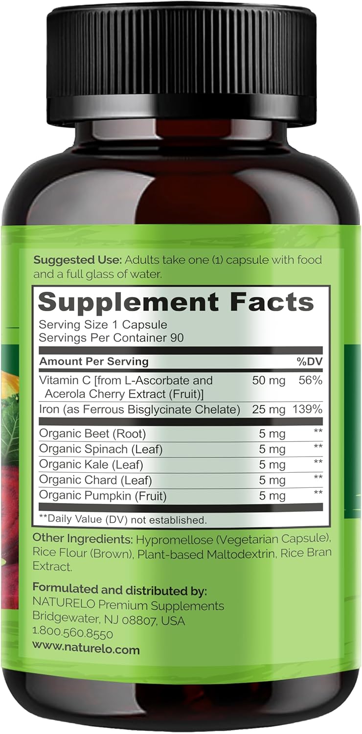 NATURELO Vegan Iron Supplement with Vitamin C and Organic Whole Foods - Gentle Iron Pills for Women & Men with Iron Deficiency Including Pregnancy, Anemia and Vegan Diets - 90 Mini Capsules - Image 6