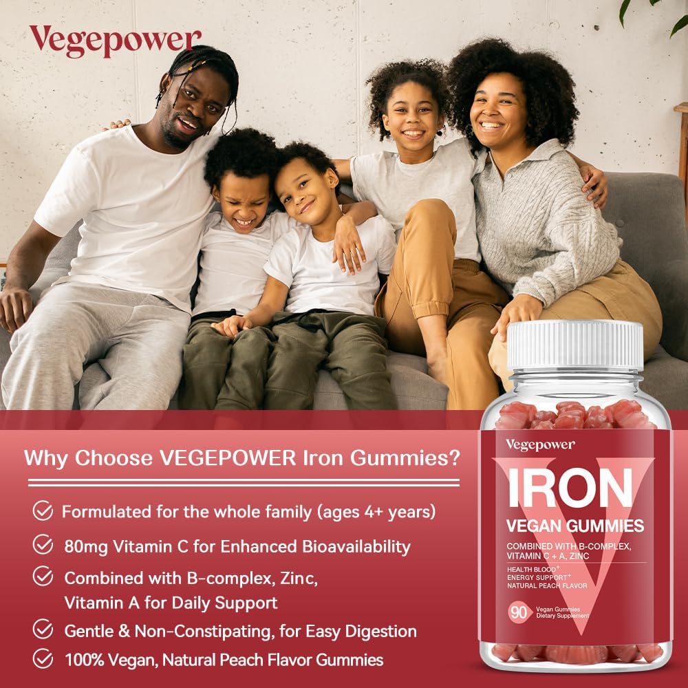 Vegan Iron Gummies Supplement - with Vitamin C, A, B-Complex, Folate, Zinc for Adults & Kids - Health Blood & Energy Support for Iron Deficiency, Anemia, No After Taste - Peach Flavor (90 Ct) - Image 4