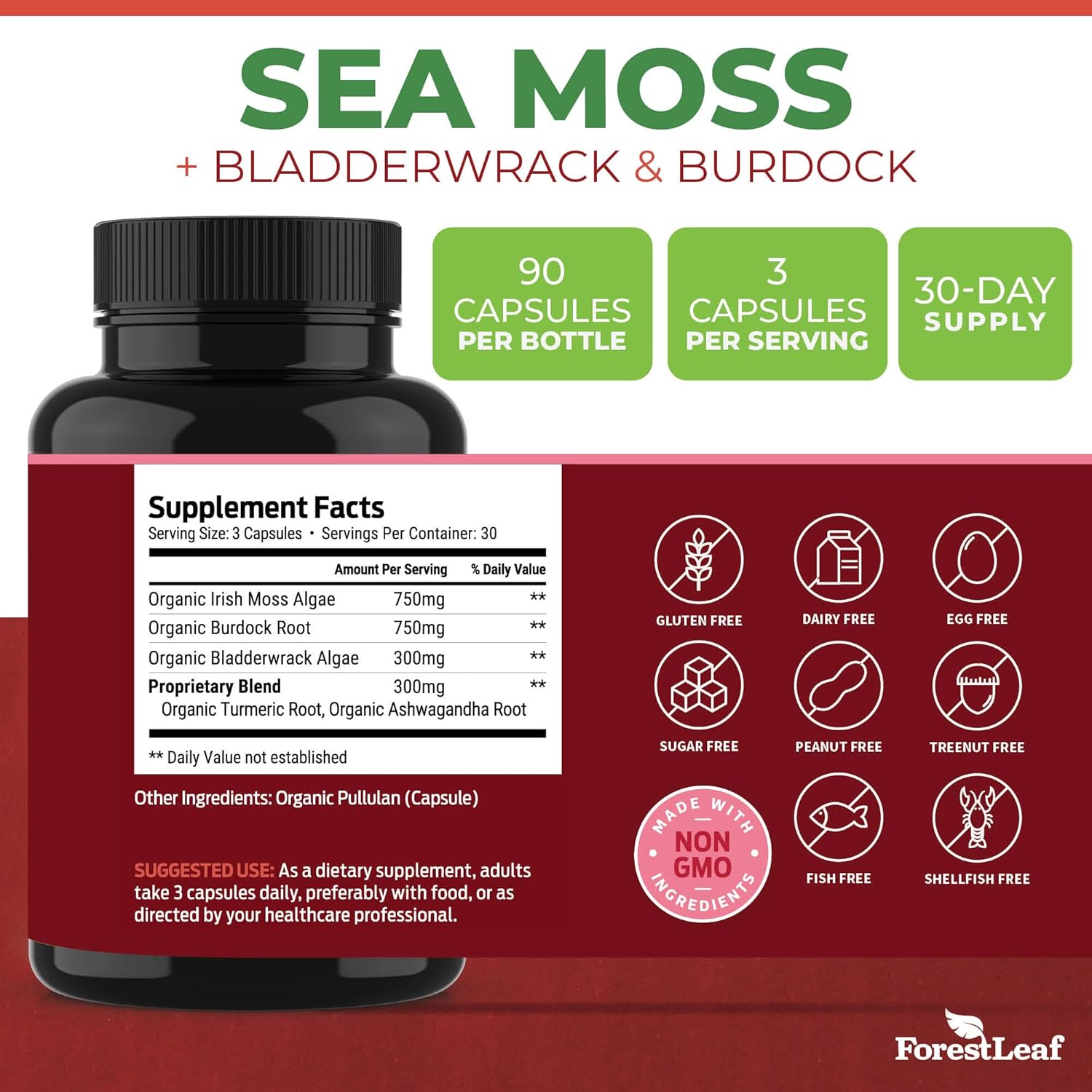 ForestLeaf Organic Irish Sea Moss Capsules | 2100mg Raw Seamoss Pills Advanced Supplement Superfood + Burdock, Bladderwrack for Digestive, Respiratory, Immune Health | 90 Vegan Organic Sea Moss Caps - Image 3