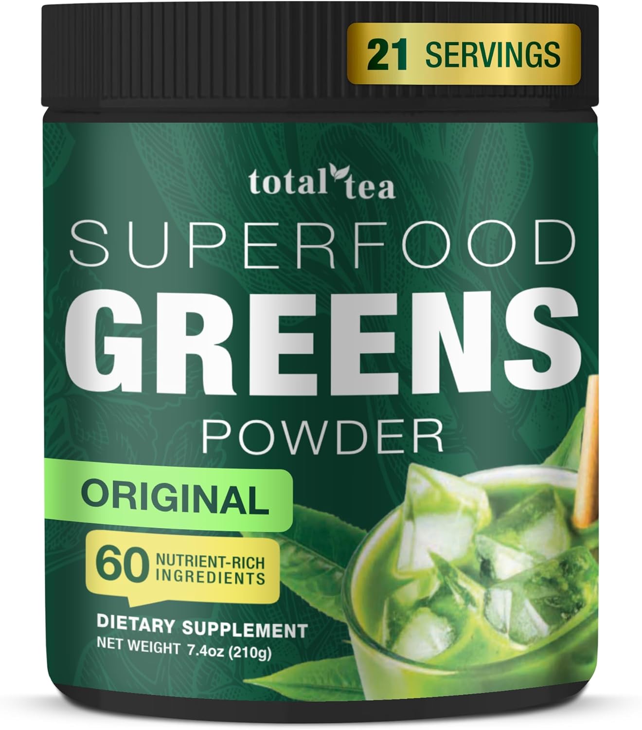 Total Tea Super Greens Powder, Greens, Fruits, Vegetables, Vegan Drink with Spirulina, Chlorella and Vitamins 21 Servings - Original