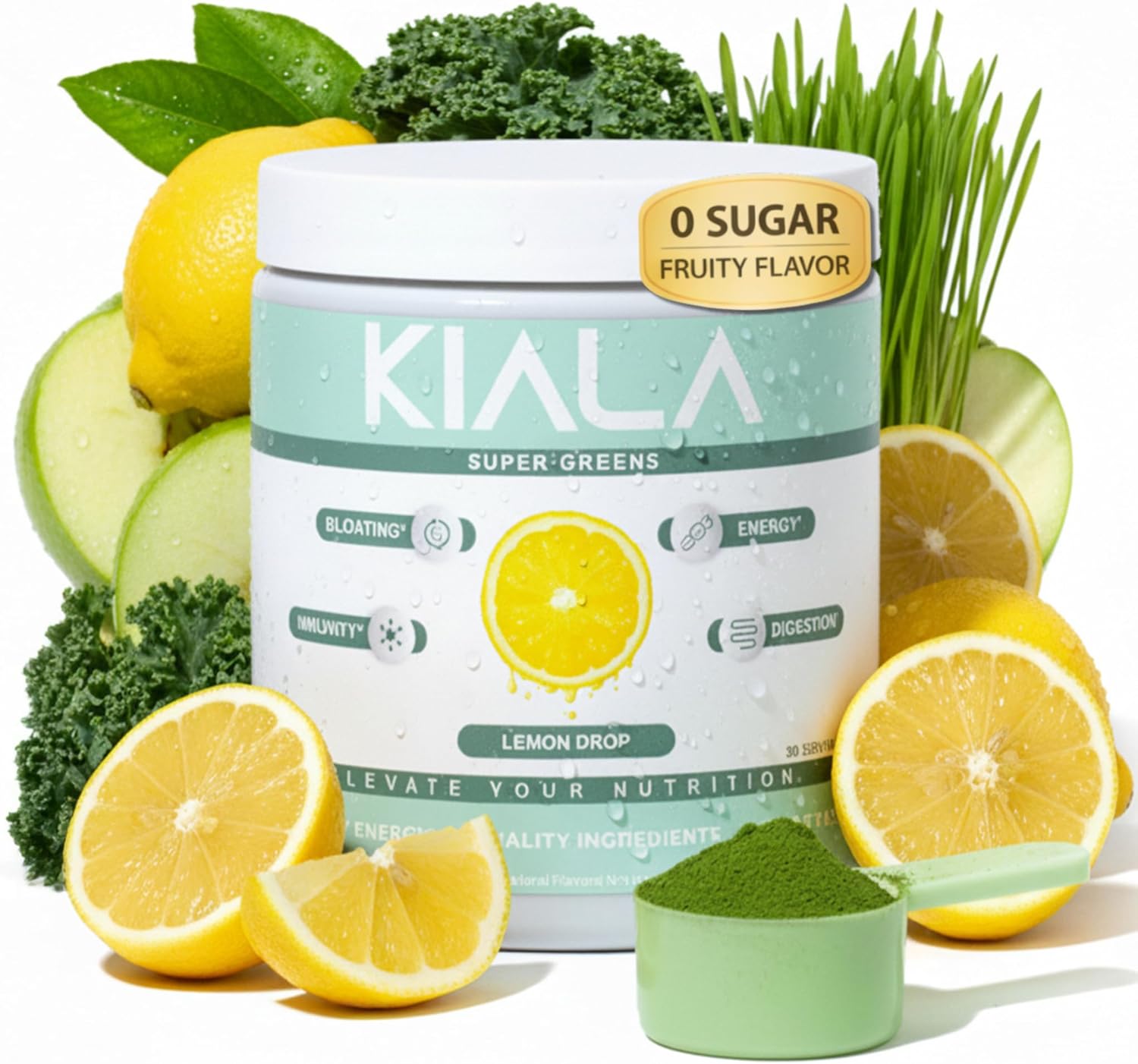 Kiala Nutrition Super Greens, Organic Greens Powder with Spirulina & Chlorella for Digestion, Gut Health, Immunity, Adaptogens, Energy, Gluten Free, Vegan, Sugar Free, Lemon Drop, 30 Servings