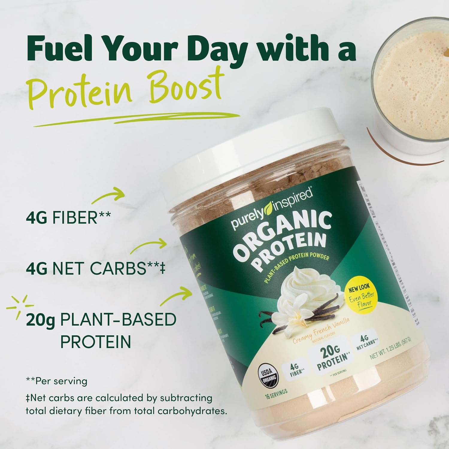 Purely Inspired Plant-Based Protein Powder for Men & Women, Creamy French Vanilla (16 Servings) - Vegan & Organic - 20g of Pea Protein Powder for Smoothies & Shakes - Dairy-Free, & Gluten-Free - Image 2